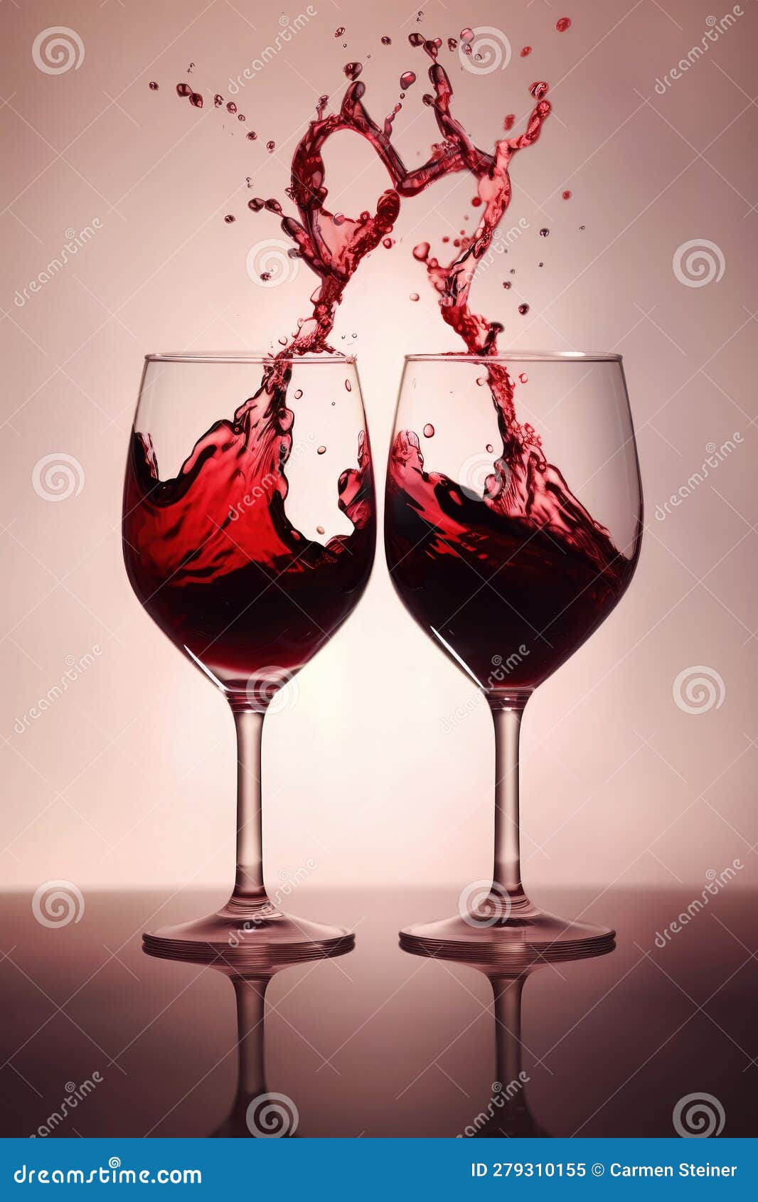 two glasses of red wine and a splash in the  of a heart, ai generated