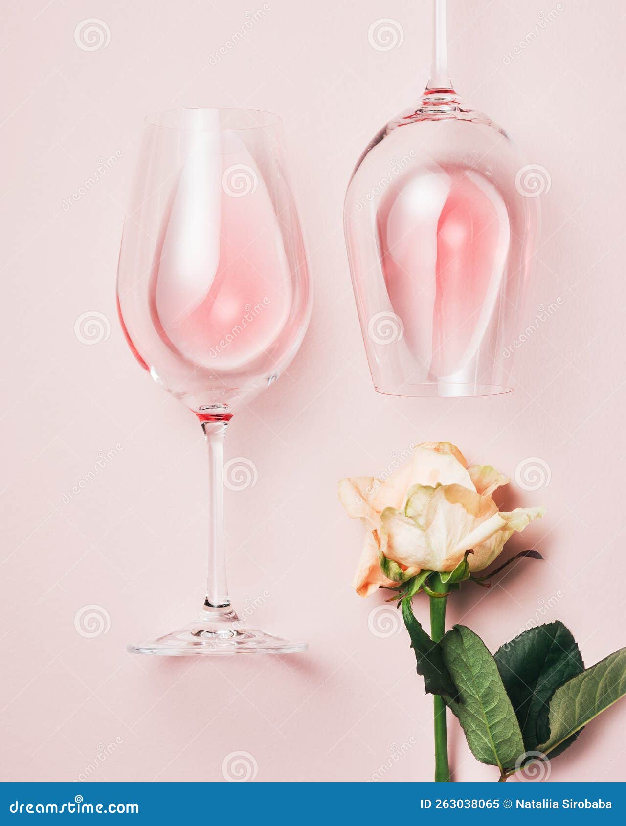 Two Glasses of Rose Wine and a Rose Flower Stock Image Image of