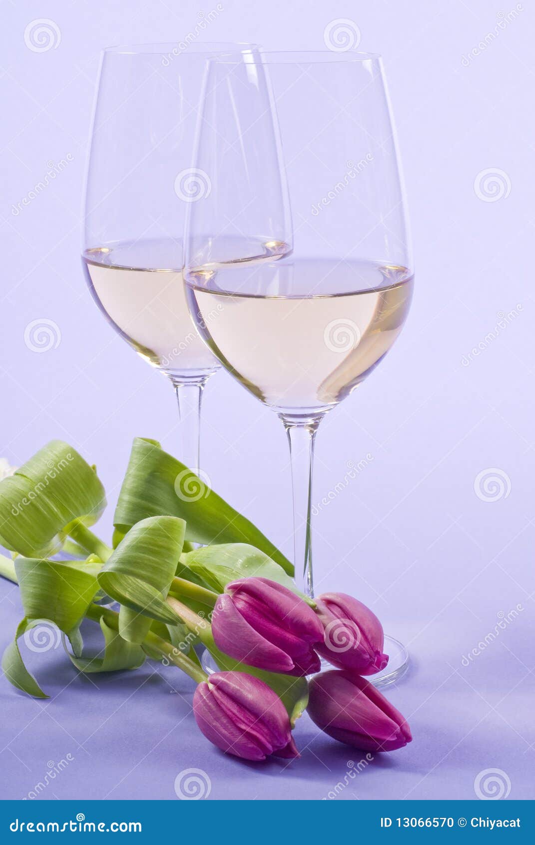 Two Glasses Of White Wine And Tulips Stock Photo Image of background