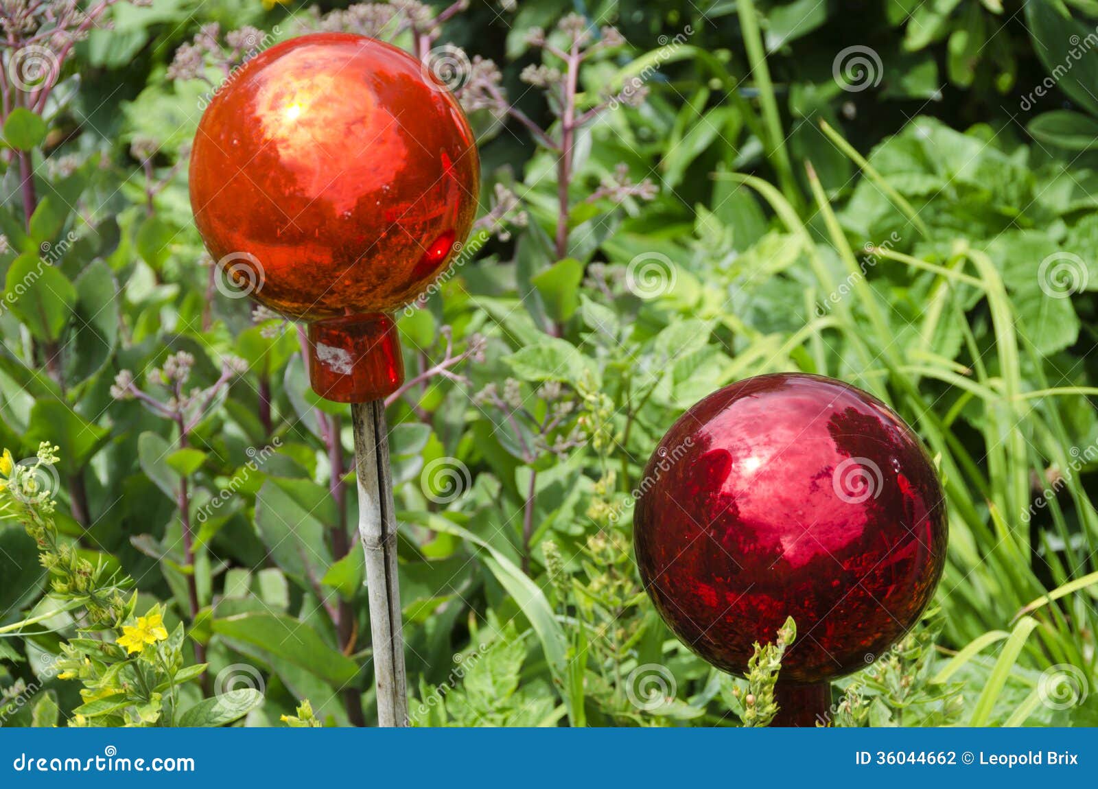 Two glassy garden balls stock photo. Image of flowergarden 36044662