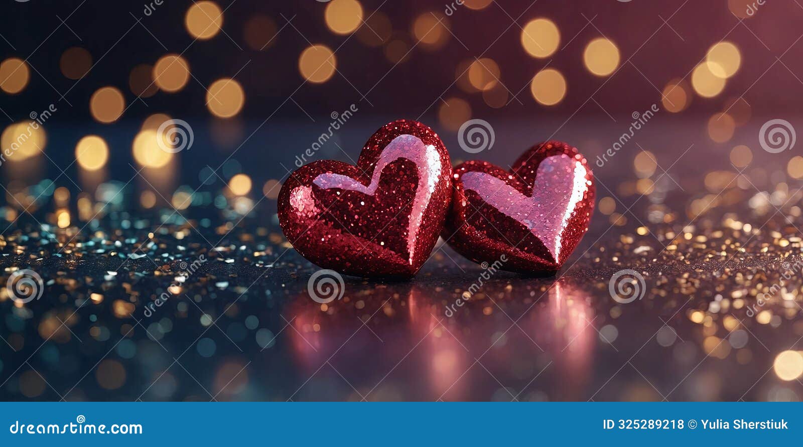 two glitter heart  with bokeh background valentine day concept.