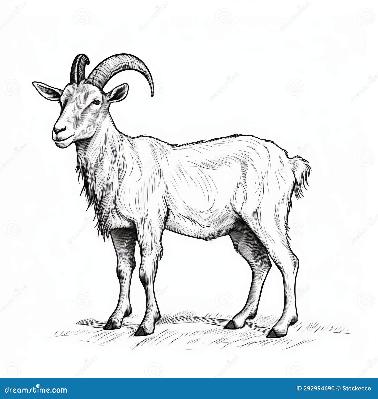 black and white goat   with horns and fur