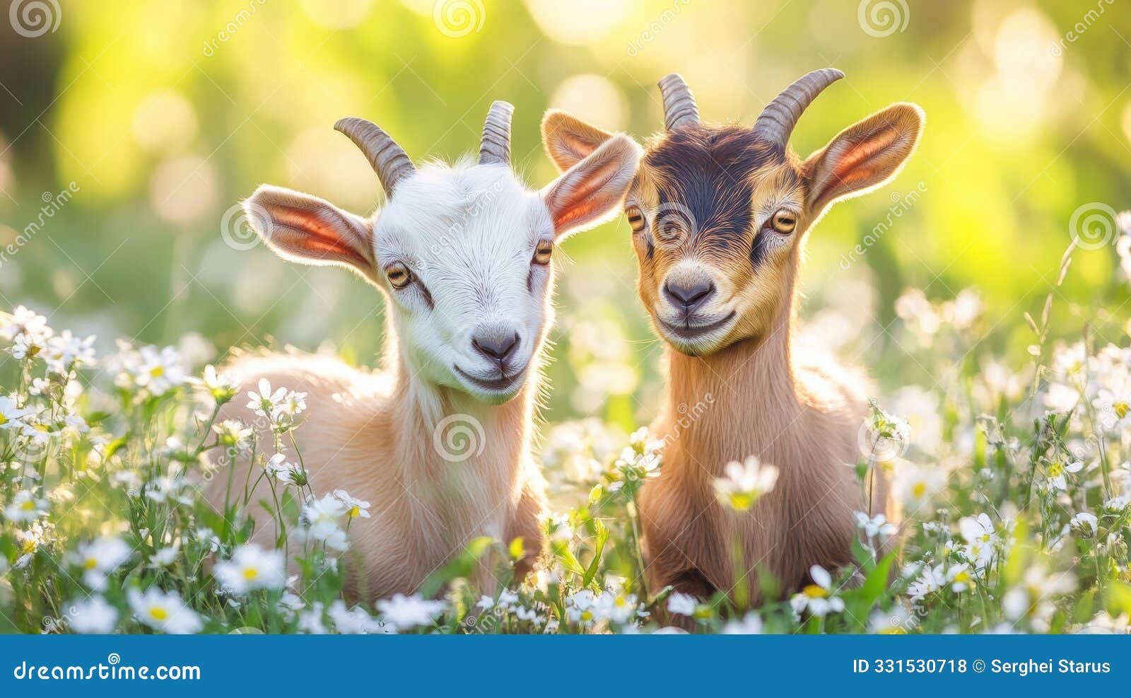 two goats are sitting in a field of flowers, ai