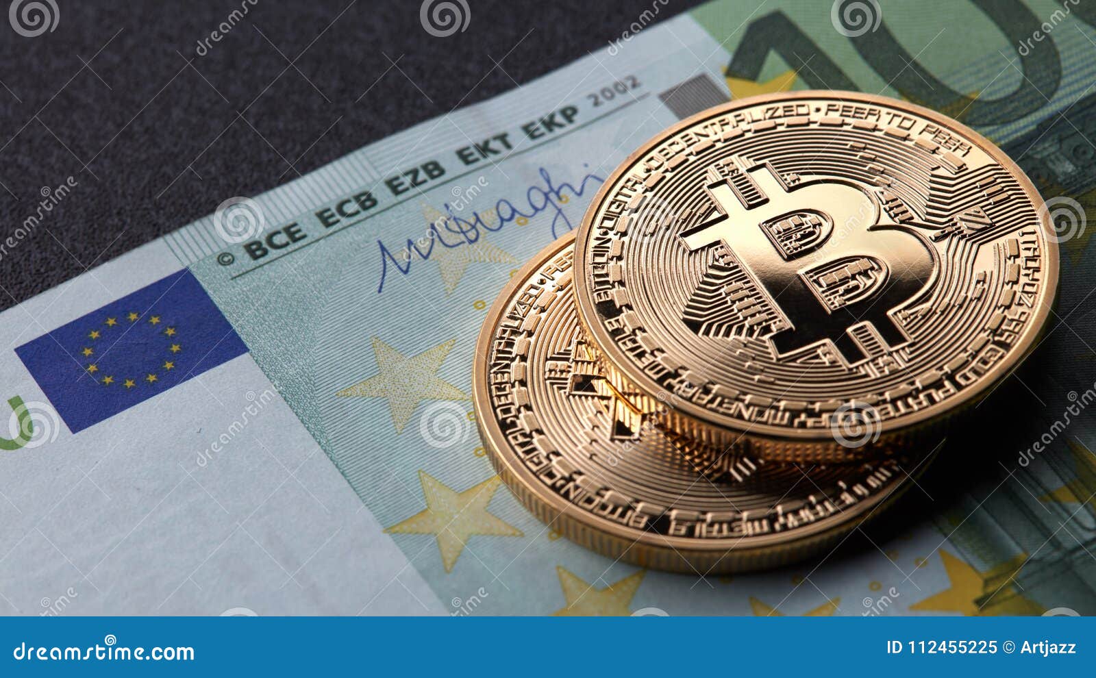Two Gold Coins Bitcoin Stack On Paper Euro Bill Stock Image Image - 