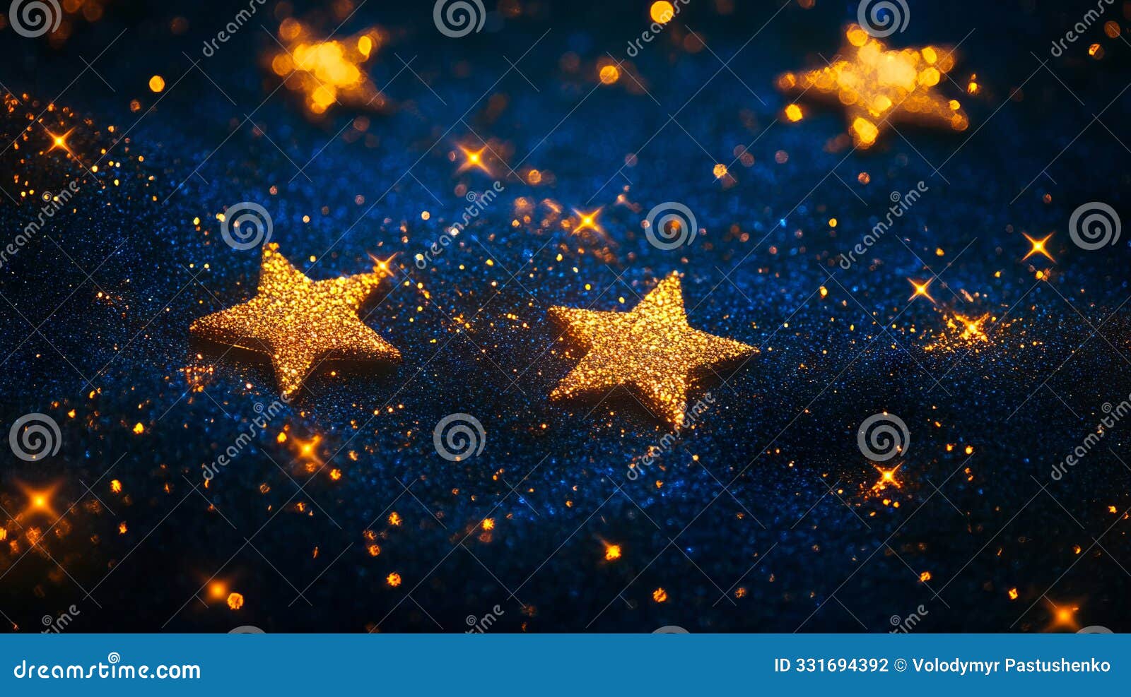 two gold stars on a blue glittery background