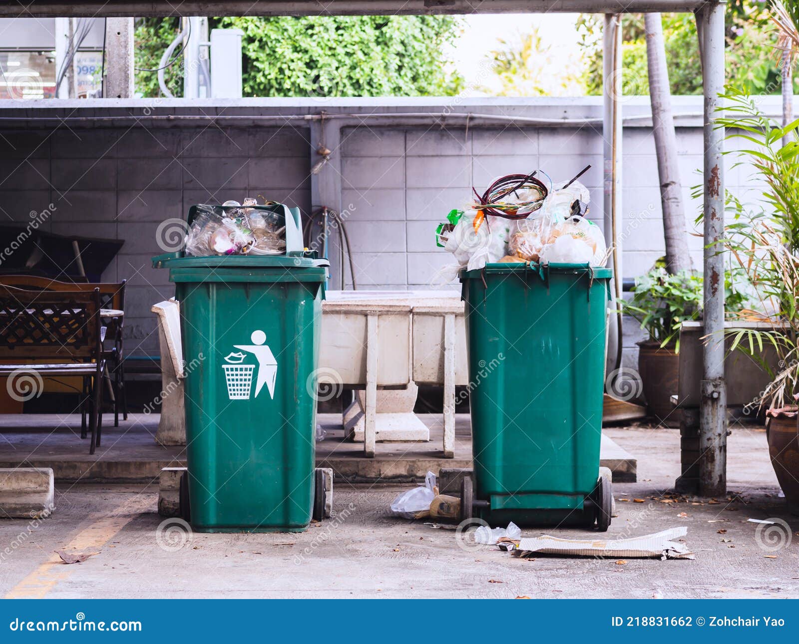 Two garbage cans or trash cans on the road in front of a green hedge Stock  Photo
