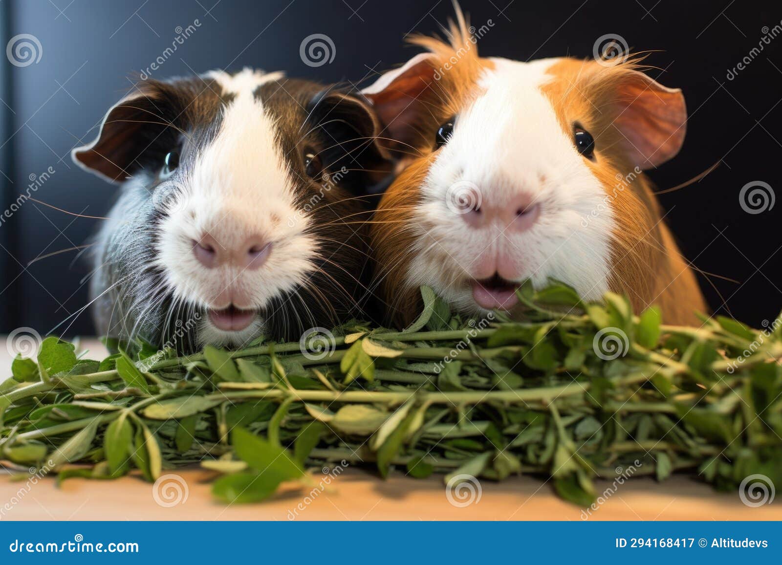 Two Guinea Pigs Eating Spinach Leaves in a Cage Stock Image Image of