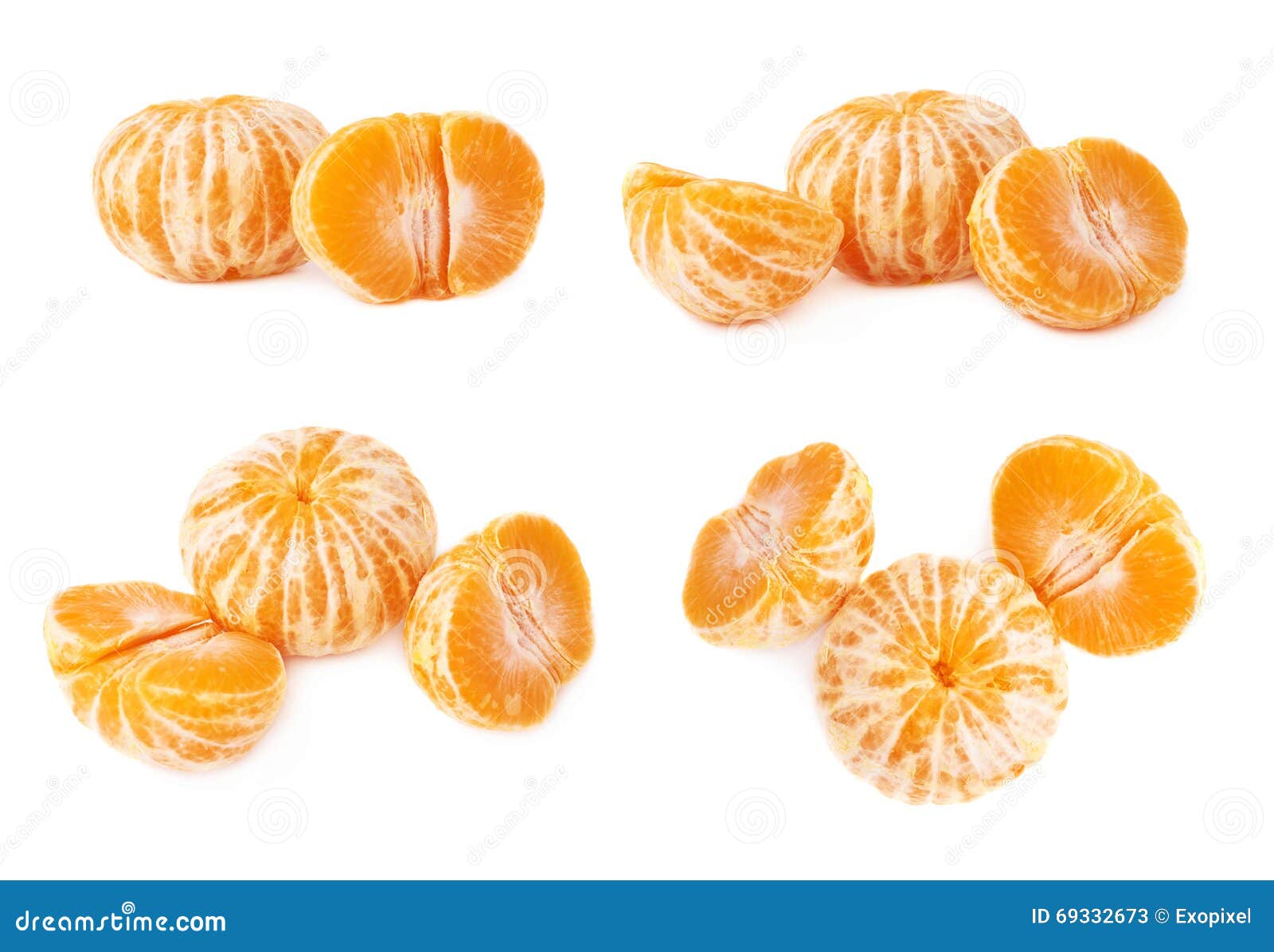 Two Halves Anh Whole Fresh Juicy Tangerine Fruit Isolated Over The