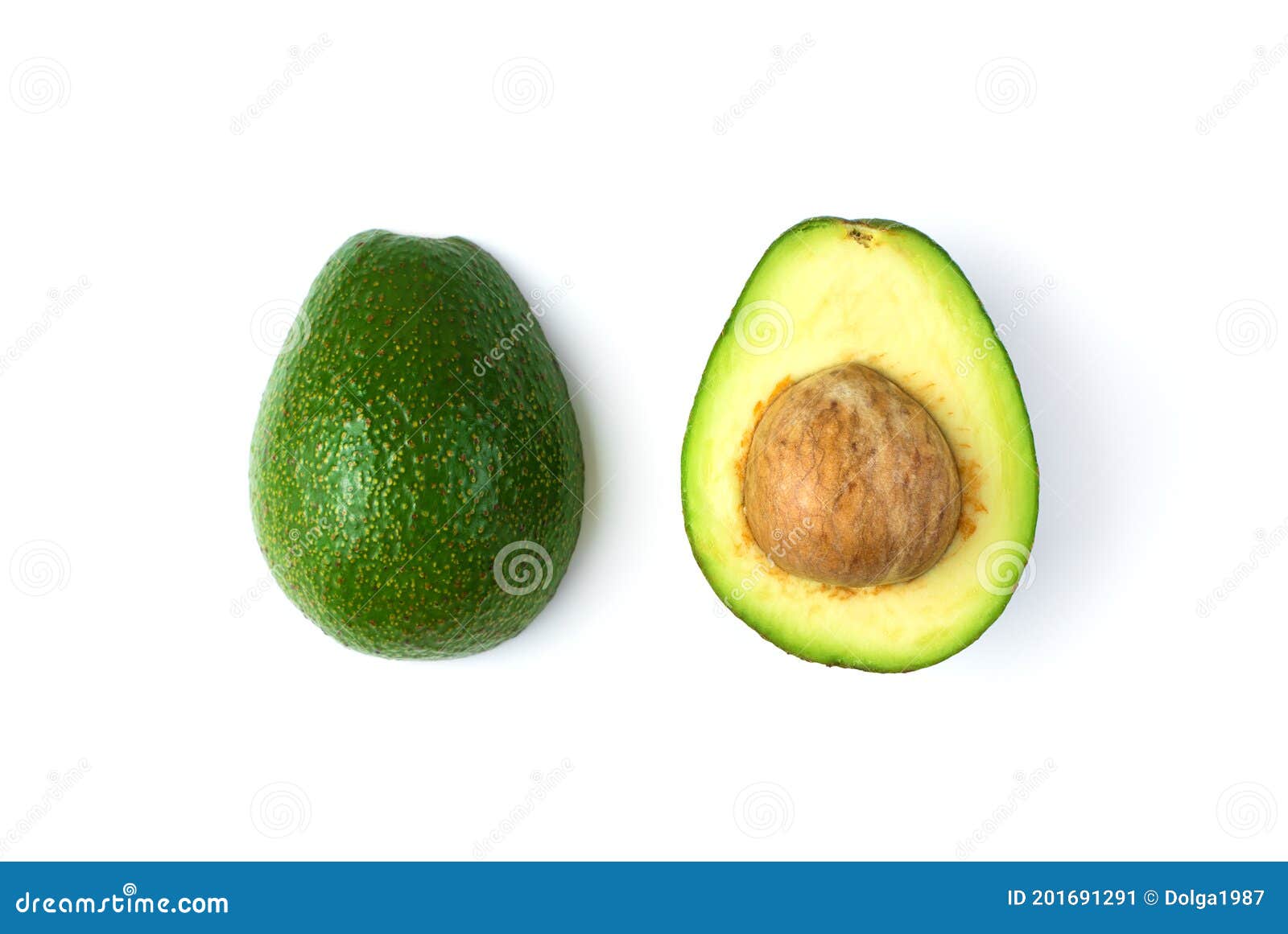 Two Halves of an Avocado with a Stone with Traces of Oxidation. Stock