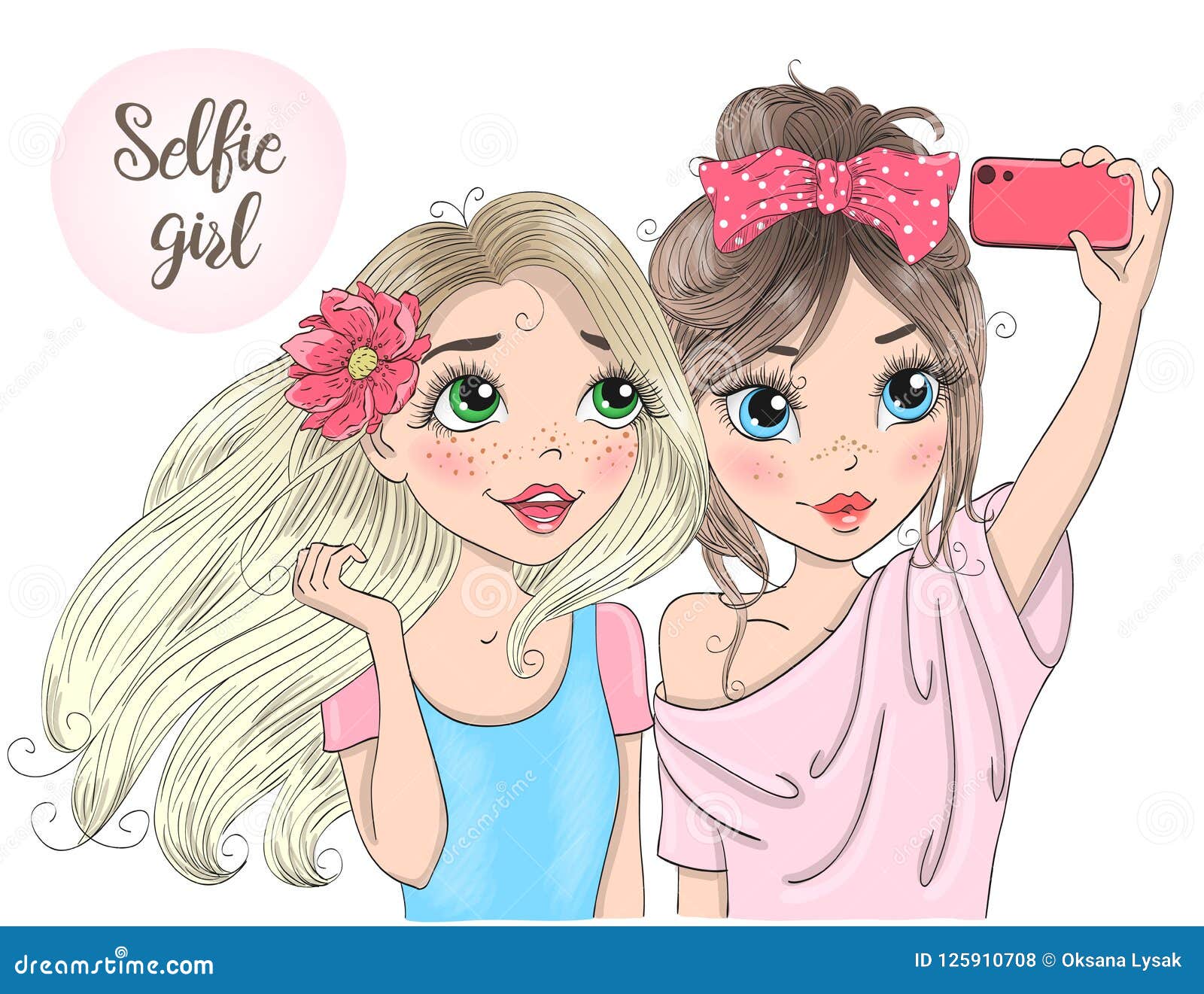 Two hand drawn beautiful cute selfie girls with smart phone. Vector illustration. Hand drawn beautiful cute girl with bow on her hair and with camera in hands. Vector illustration.