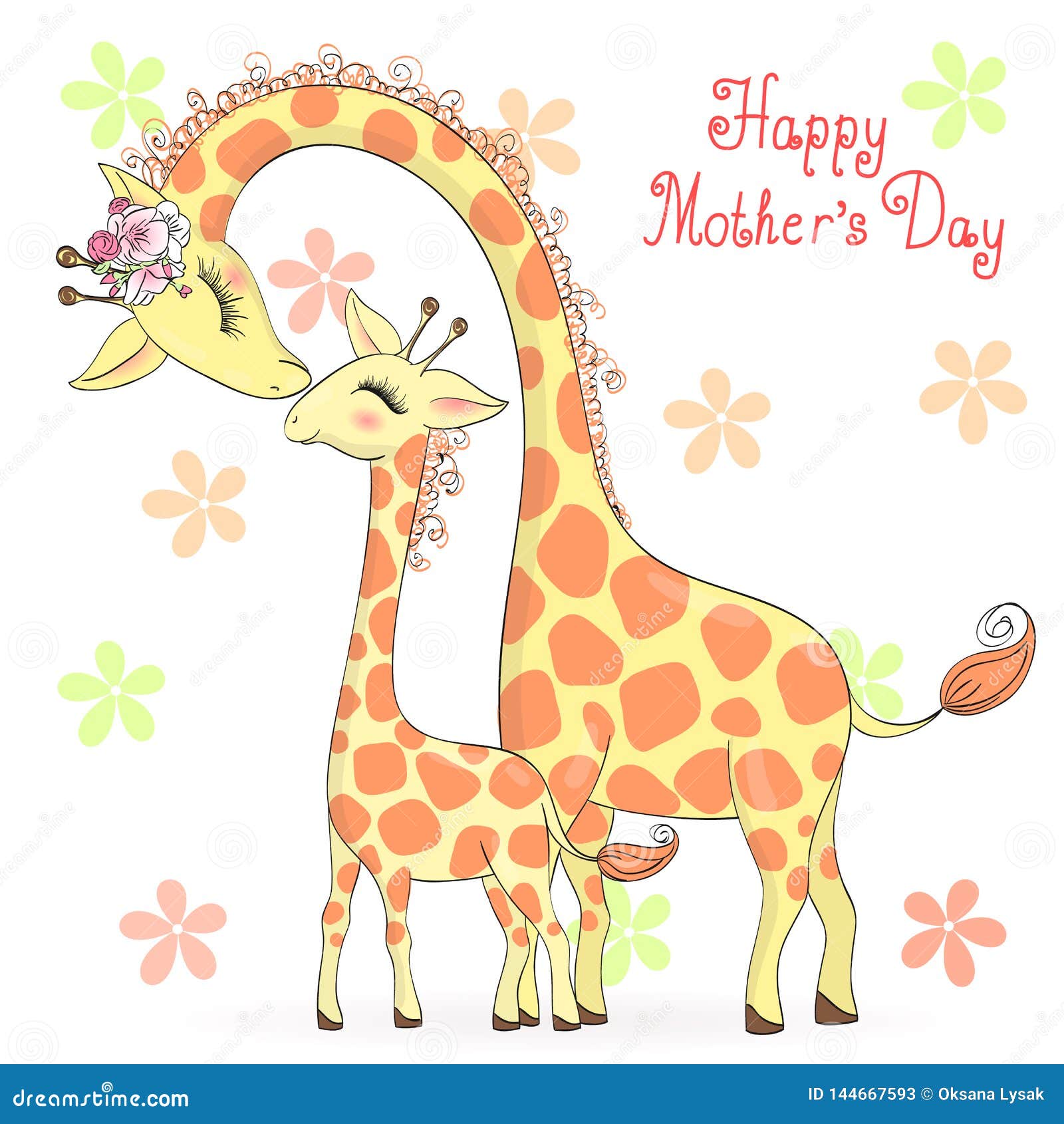two hand drawn cute giraffe girls. happy mothers day.