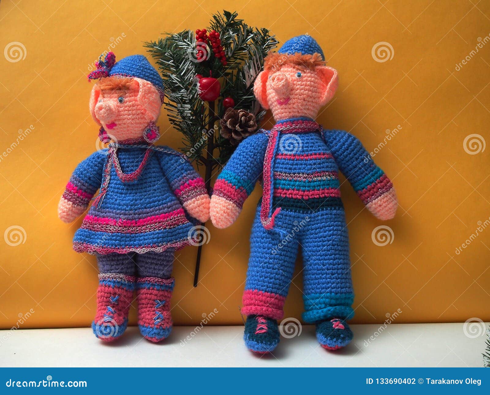 Two Handmade Dolls With Christmas Decorations Knitted Dolls Two Handmade Dolls With Christmas Decorations Knitted Dolls