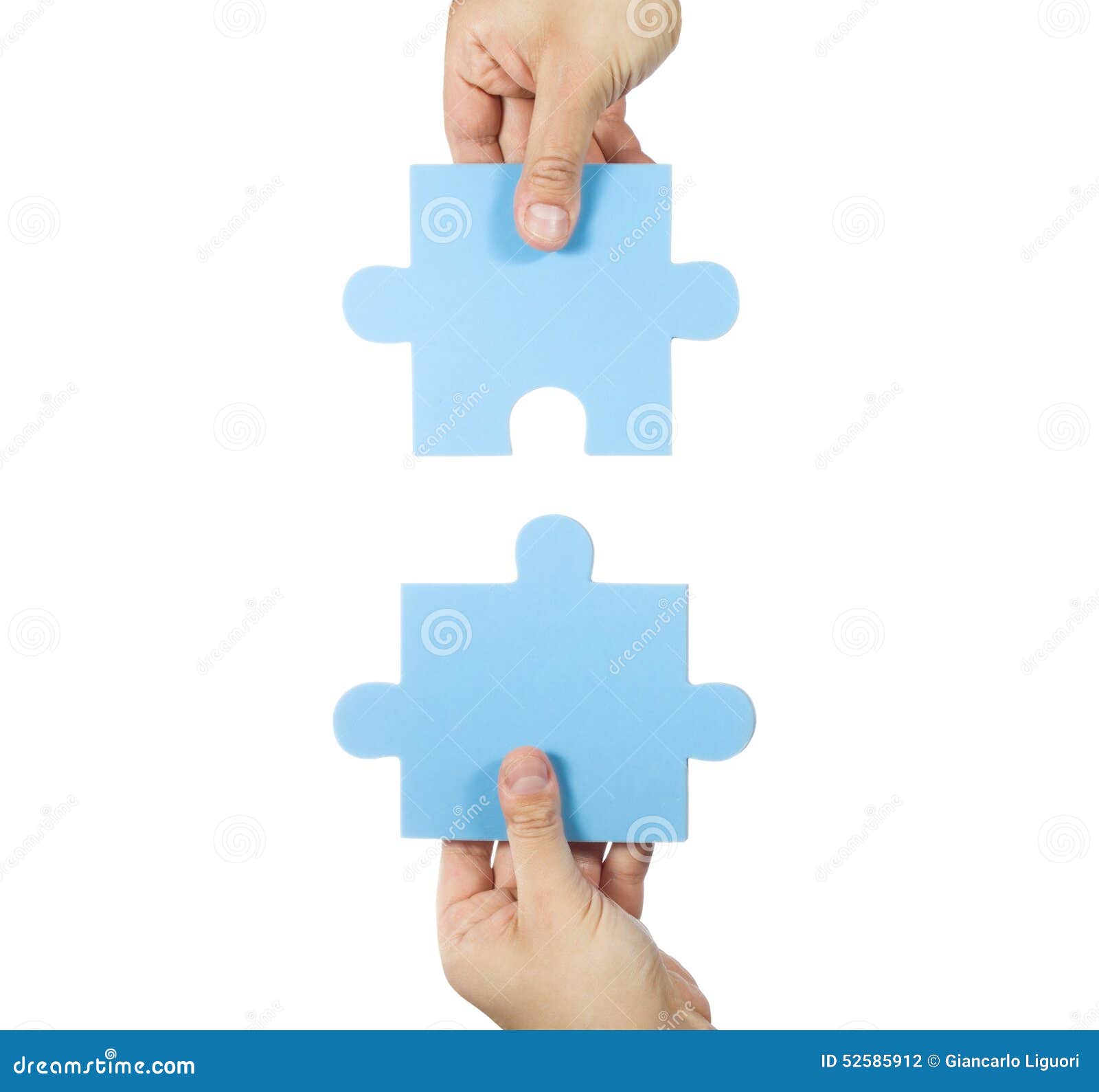two hands connecting puzzle pieces white background 52585912
