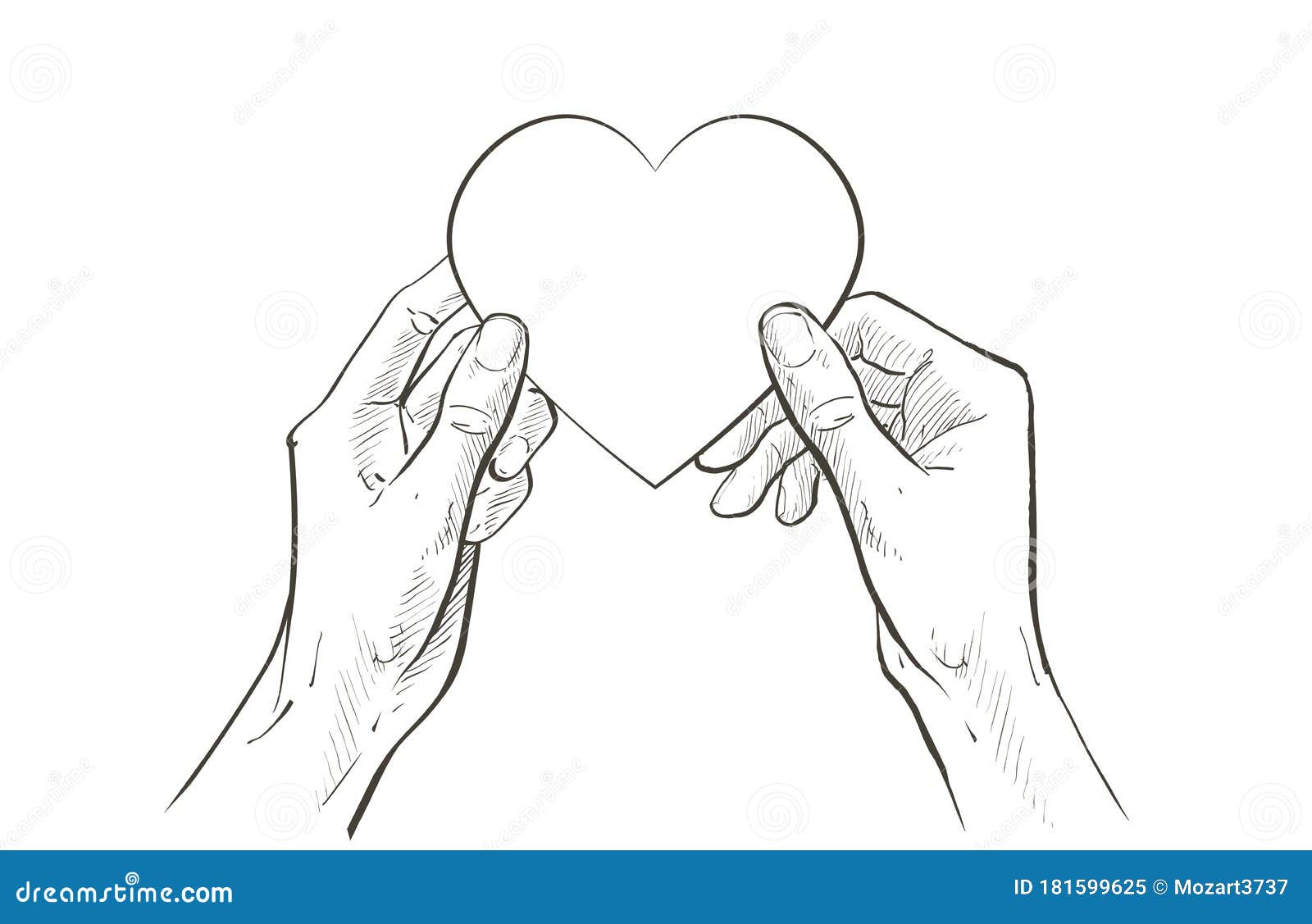 Two palms hold the heart.Outline drawing by hand.Love and