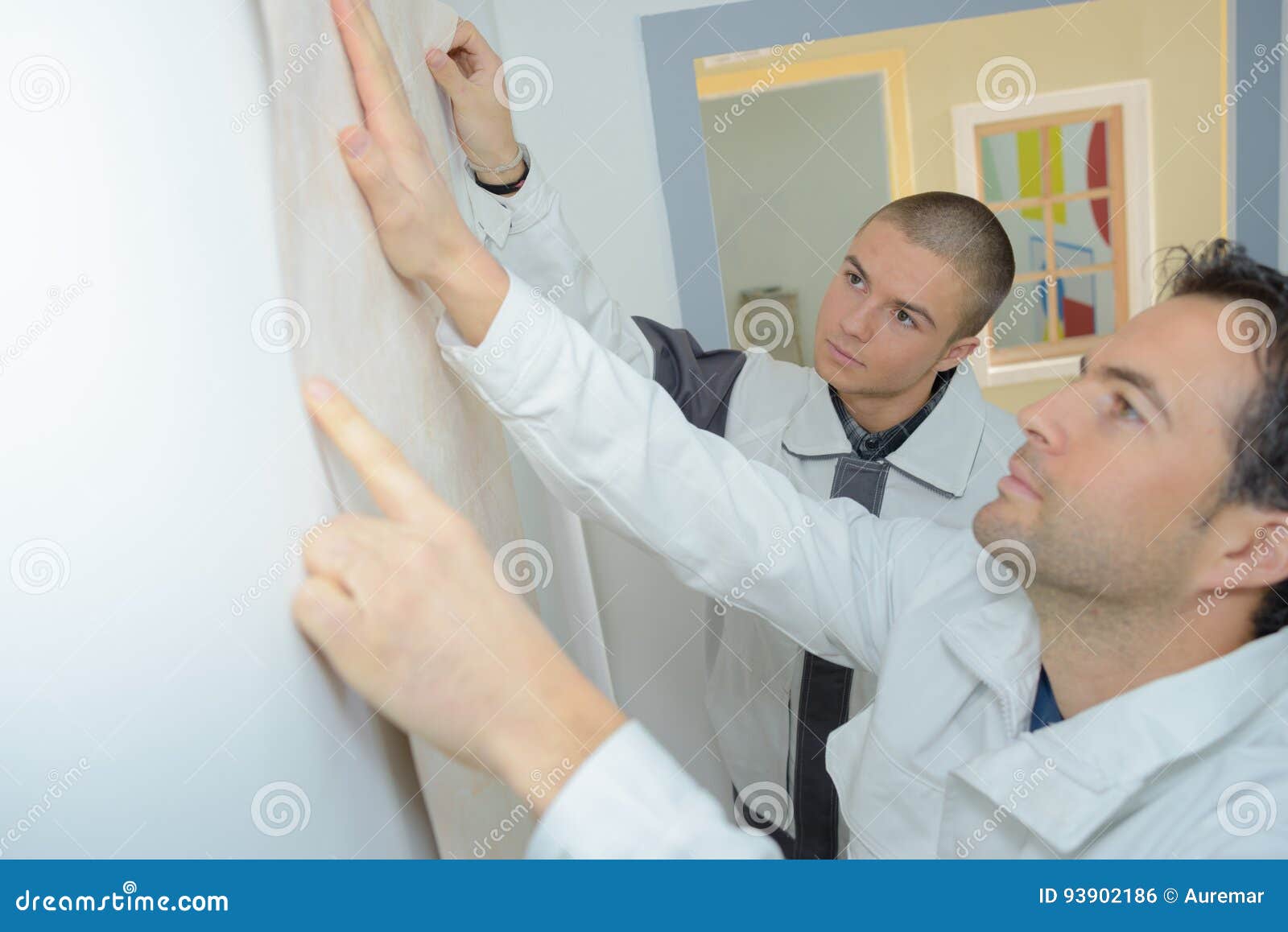 Two Handyman Putting Up Wallpaper on White Walls Stock Photo Image of