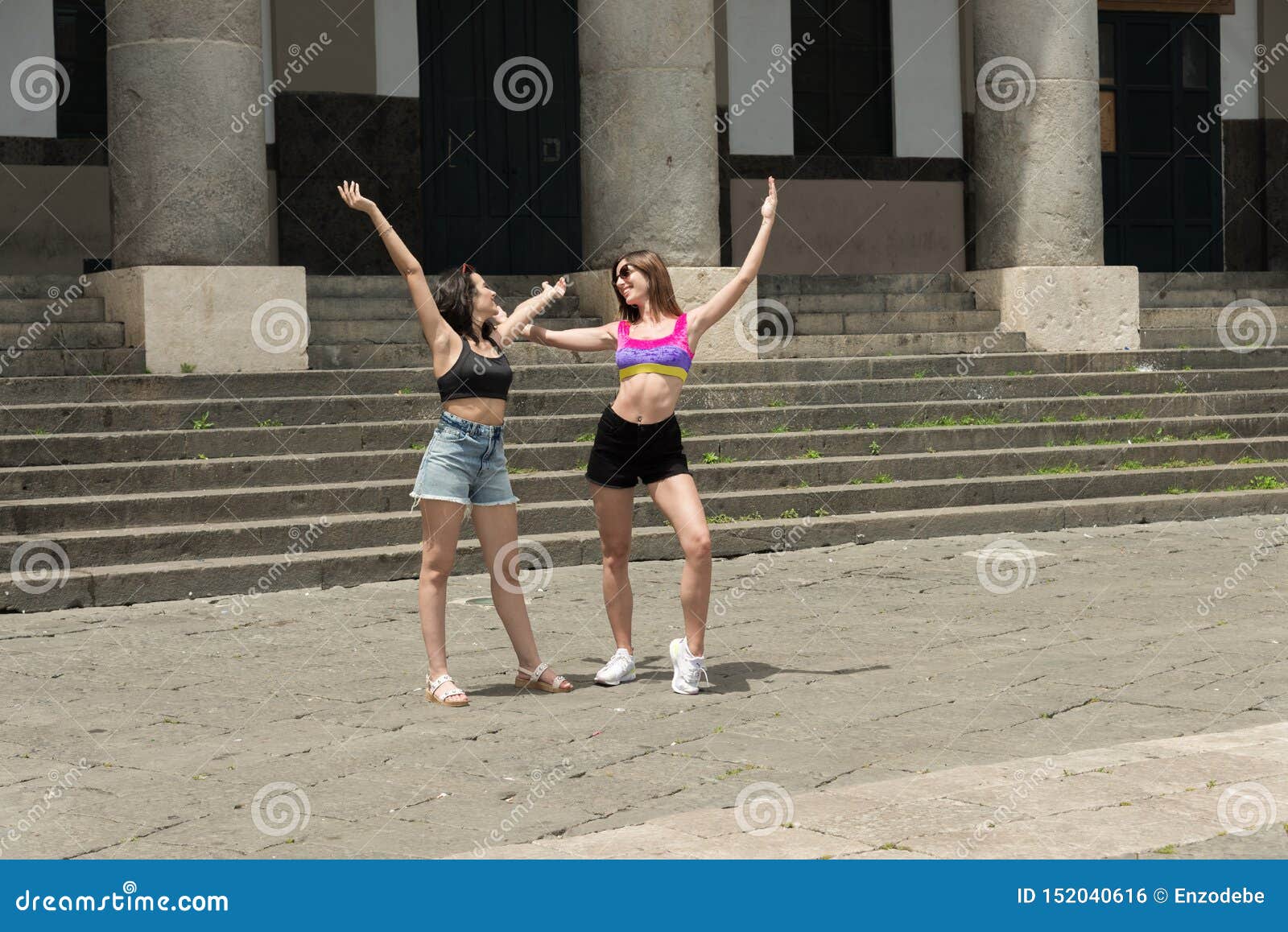 Two Happiy Tourists Girls  In Naples  Italy  Stock Photo 