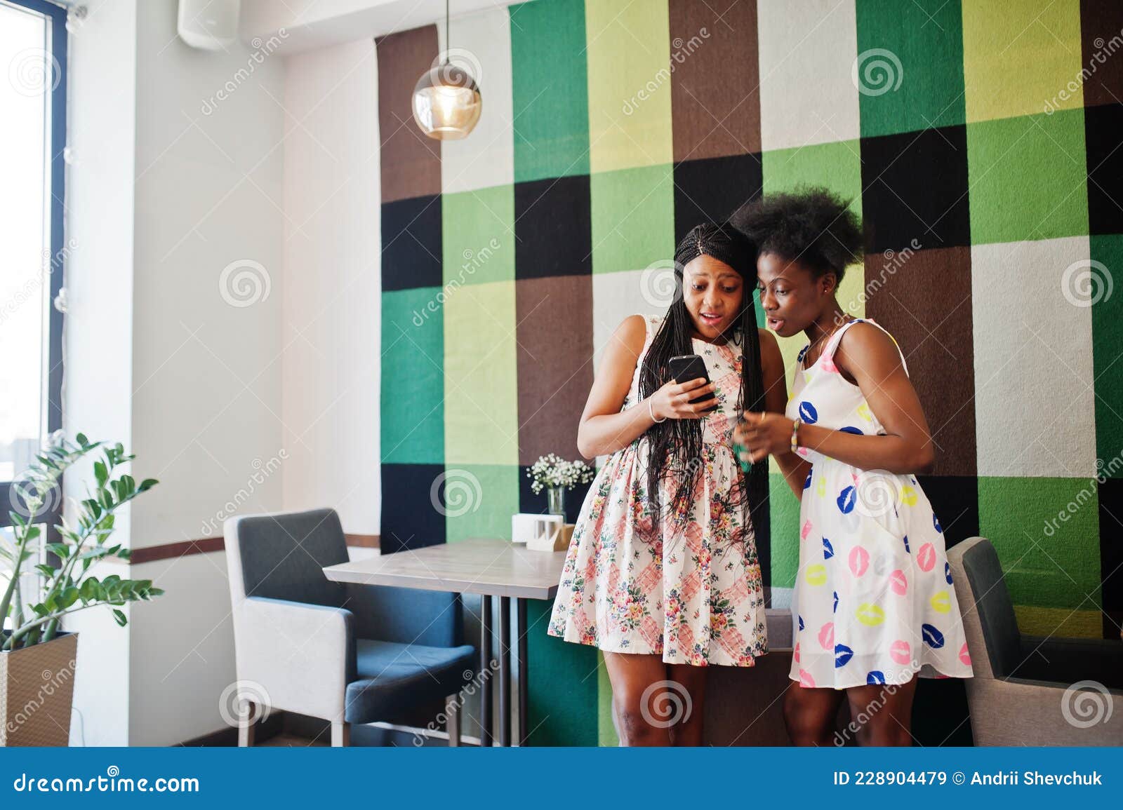 Two Black African Girlfriends at Summer Dresses Posed at Caf photo