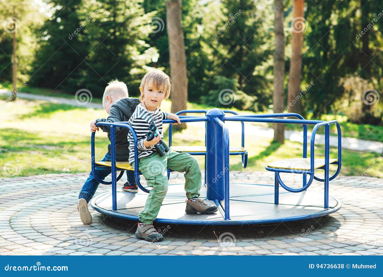Two Happy Boys Playing on Playground in a Park. Stock Photo - Image of ...