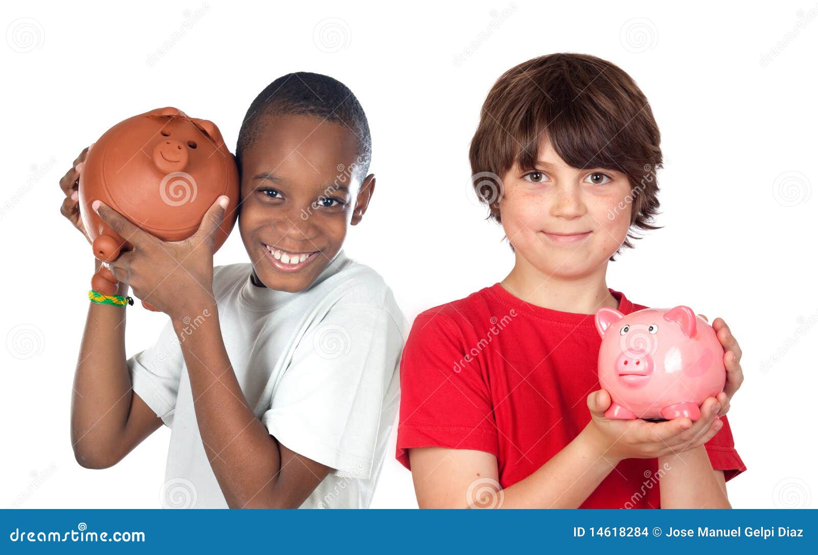 Two Happy Children with Moneybox Savings Stock Photo Image of