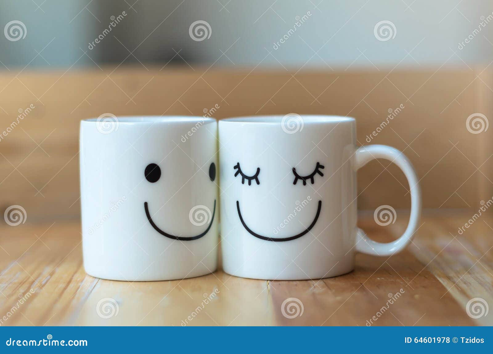 Two Happy Cups On Wood Table With Bokeh About Love Concept Stock Photo Image Of Celebration Friend