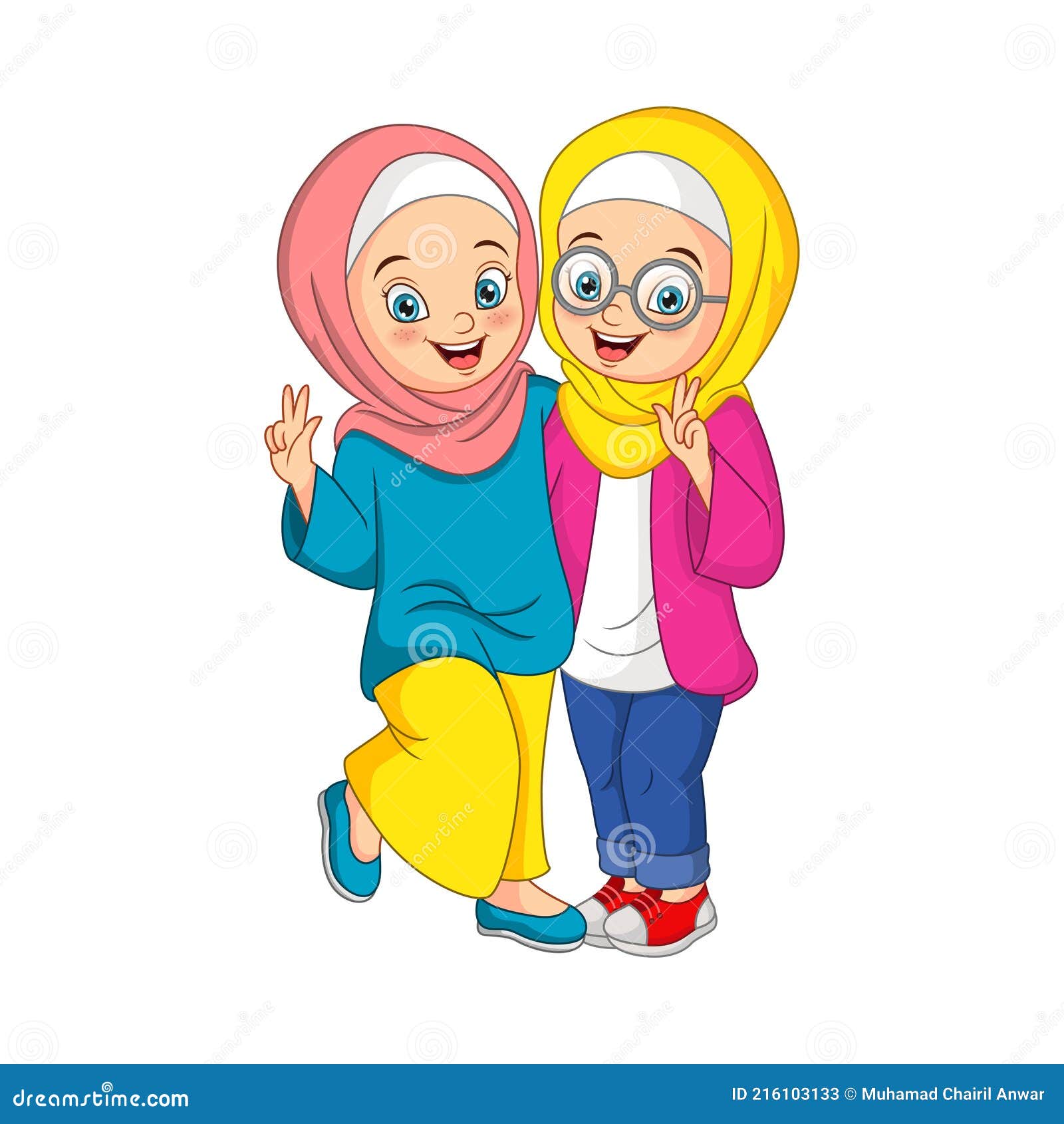 Two Happy Muslim Girl Cartoon Stock Vector - Illustration of hijab ...