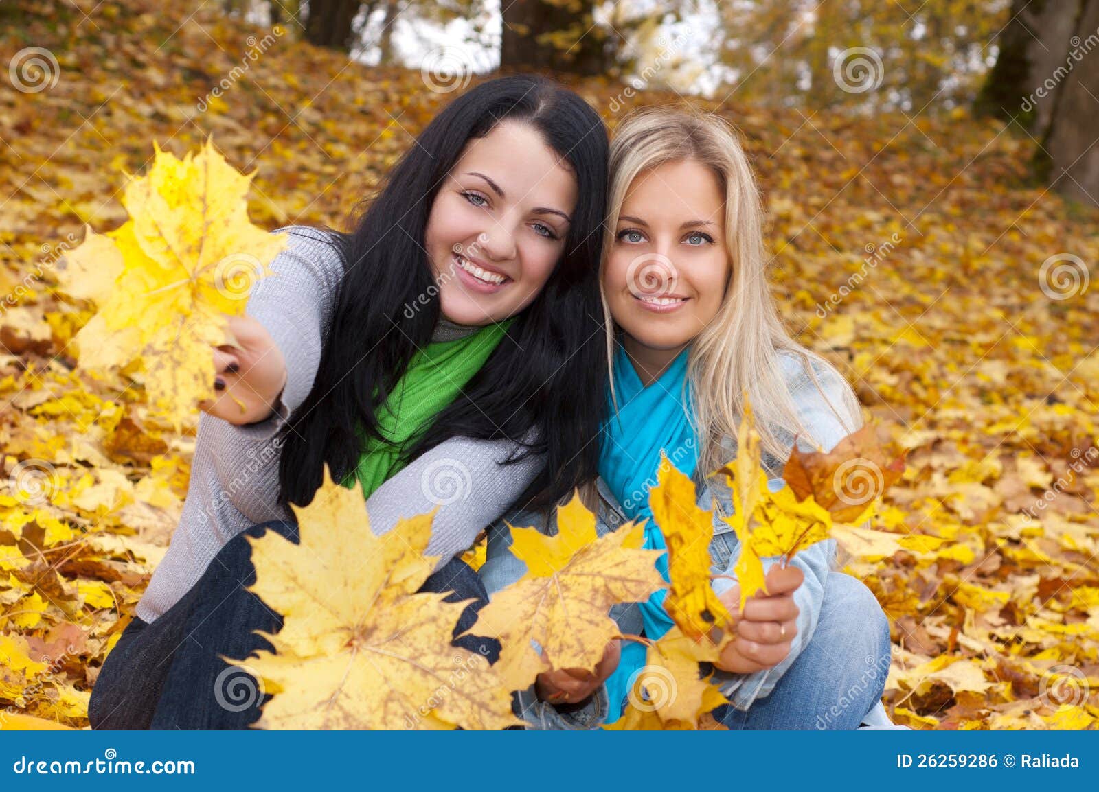 Two Happy Women in Autumn Forest Stock Photo - Image of beautiful ...