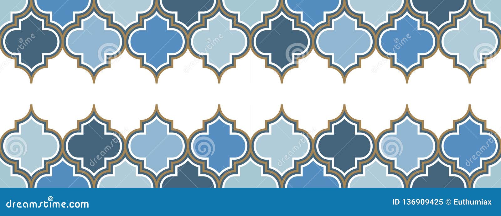 Two Horizontal Vector Moroccan Repeat Seamless Border. Light Blue, Gold Beige Line on White