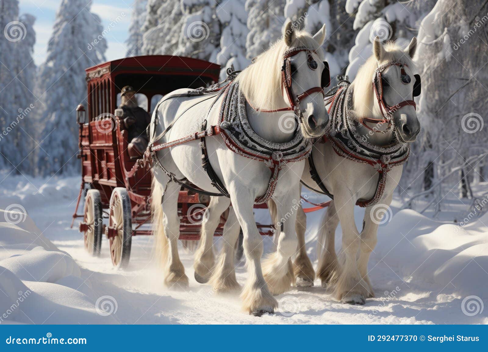Two Horses Pulling a Carriage through the Snow, AI Stock Illustration