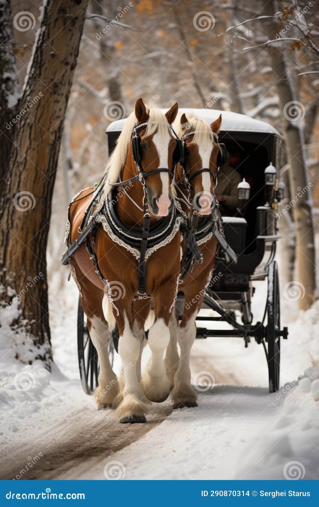 Two Horses Pulling a Carriage through the Snow, AI Stock Illustration