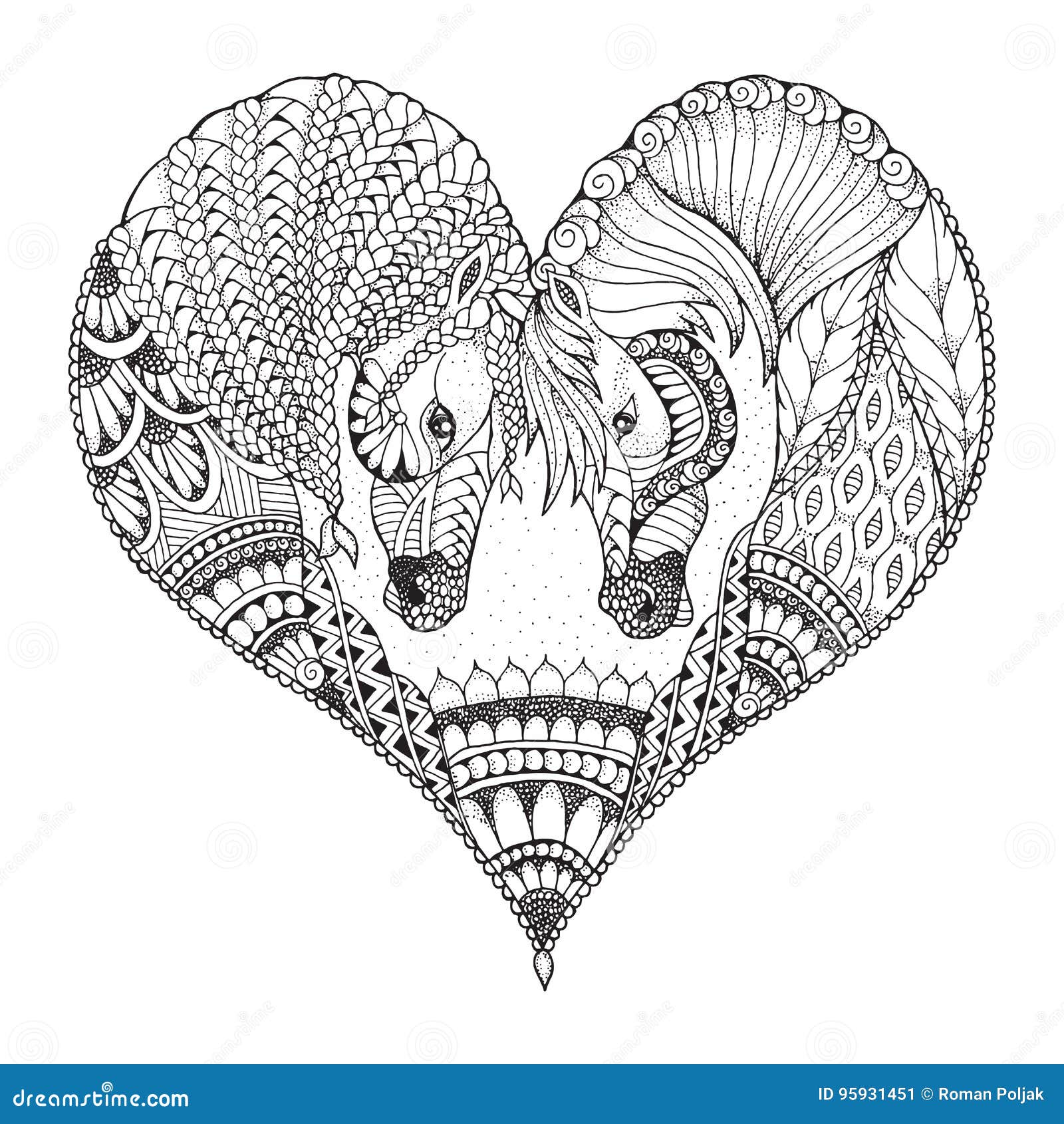 two horses showing affection in a heart . zentangle