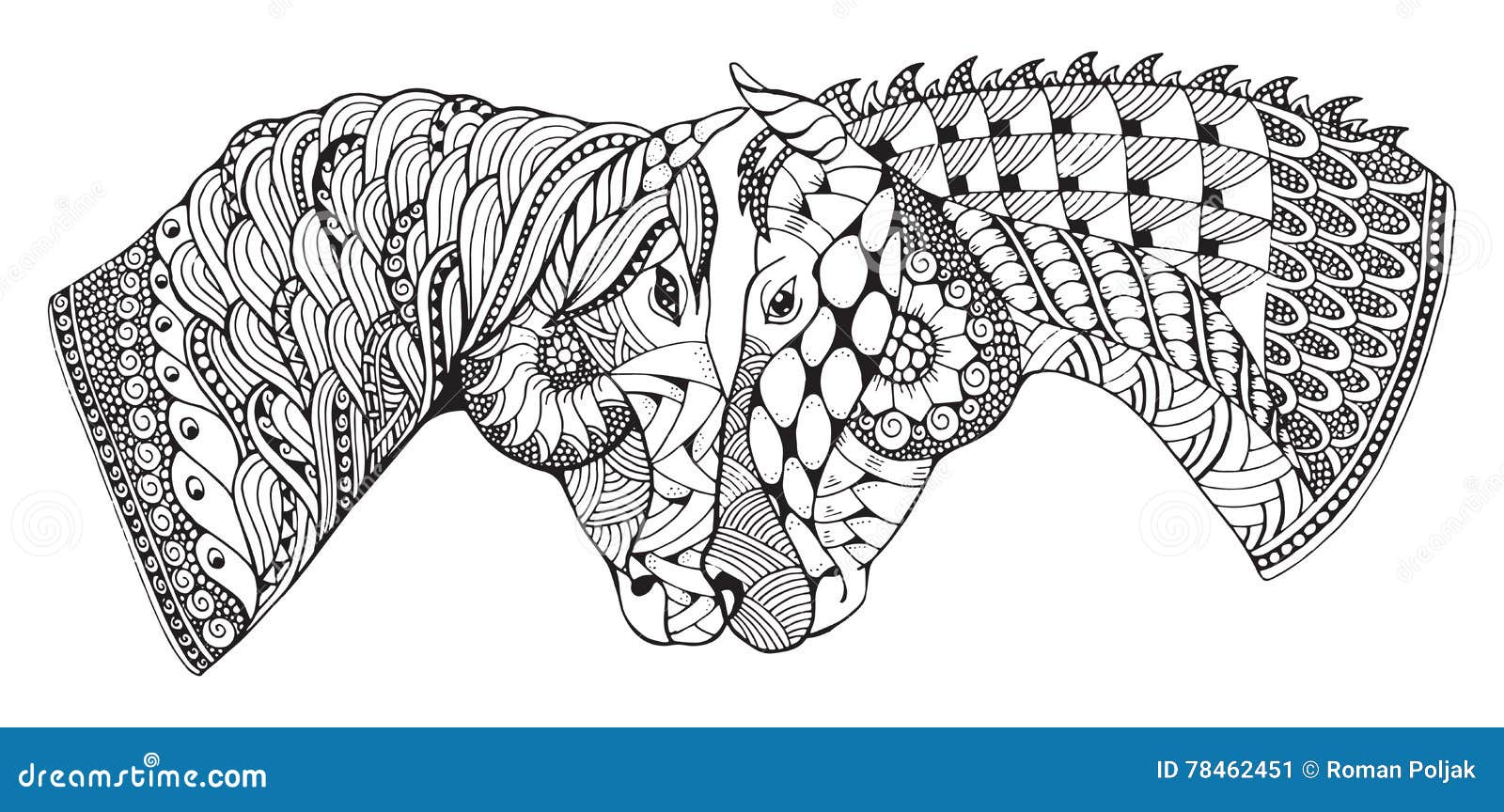 two horses showing affection, zentangle stylized, 