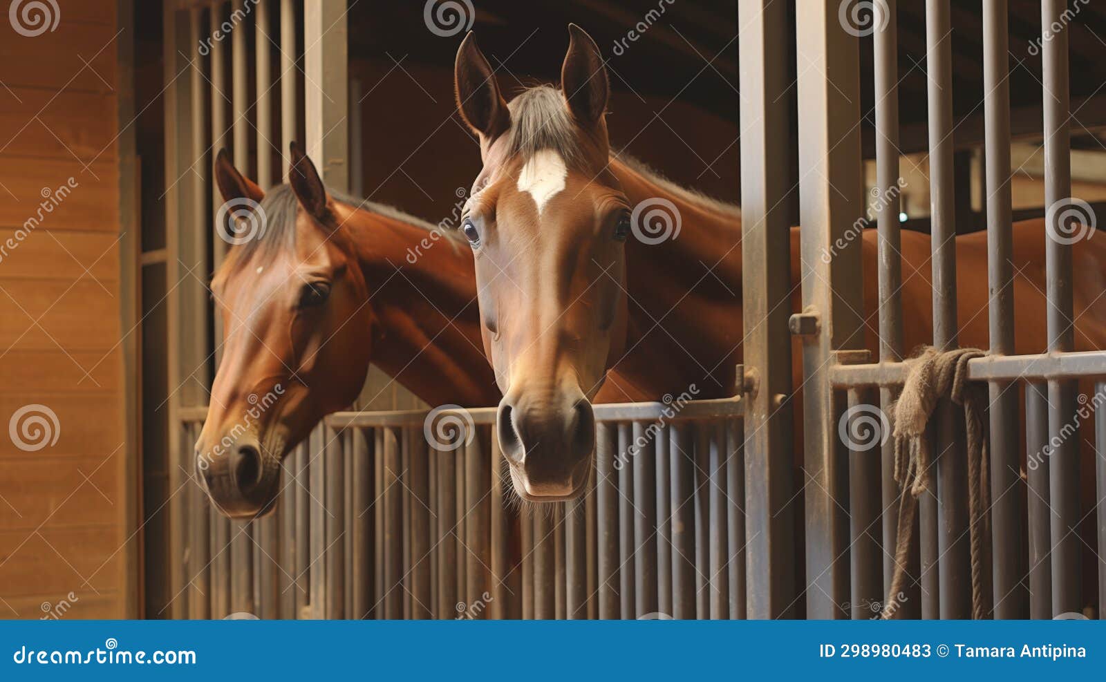 Two Horses Stand in a Stall in a Stable. Horizontal Format Stock