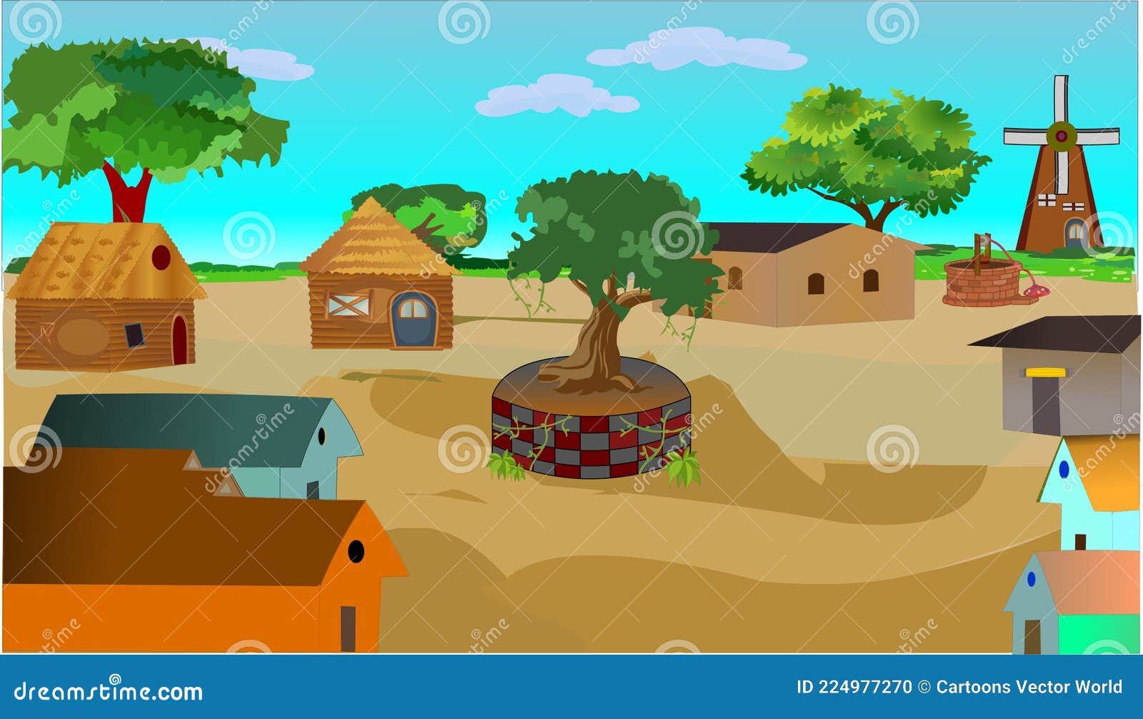 Two Houses Village Cartoon Background Vector Artwork Stock Vector -  Illustration of screenshot, windmill: 224977270