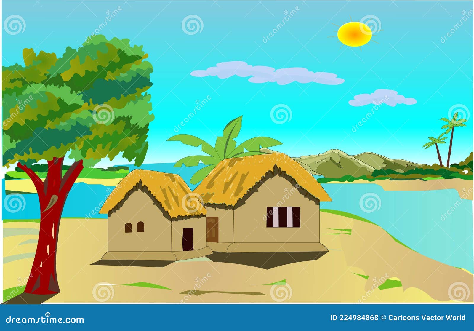 Two Houses Village Cartoon Background Vector Artwork Stock Vector -  Illustration of backgrounds, plant: 224984868