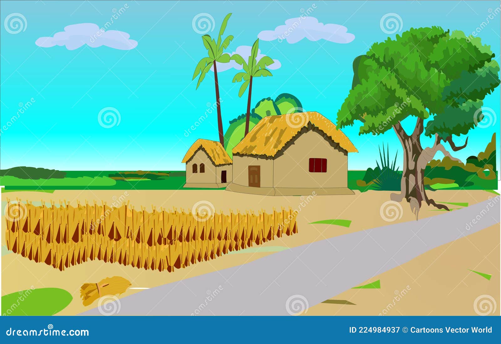 Two Houses Village Cartoon Background Vector Artwork Stock Vector -  Illustration of grass, wheat: 224984937