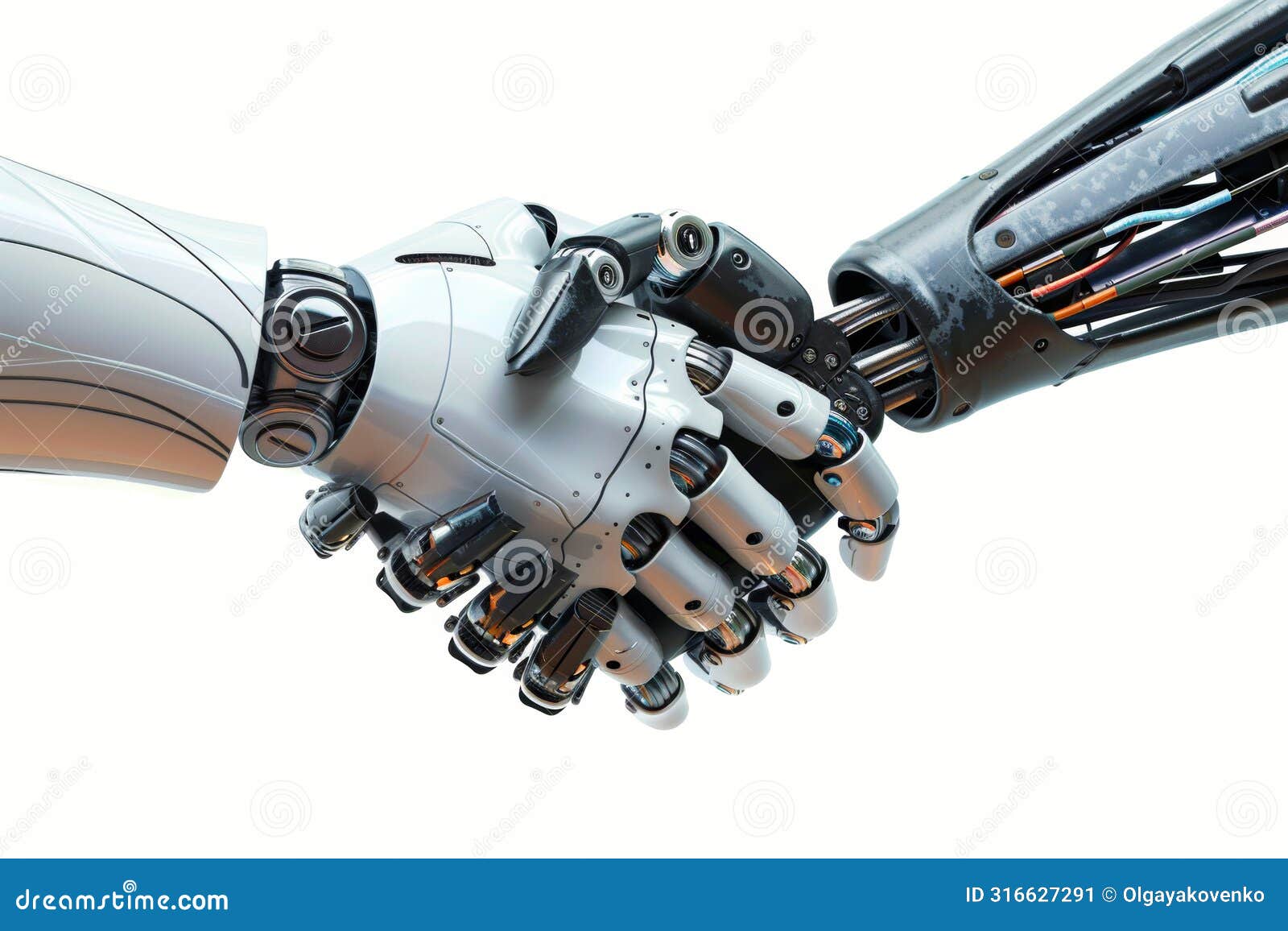 two humanoid robots hand shake on white background