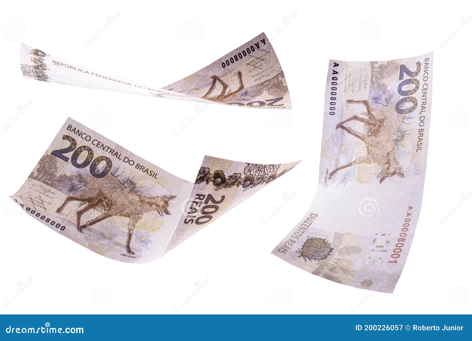 two hundred reais banknotes from brazil falling on  white background, new banknote from brazil