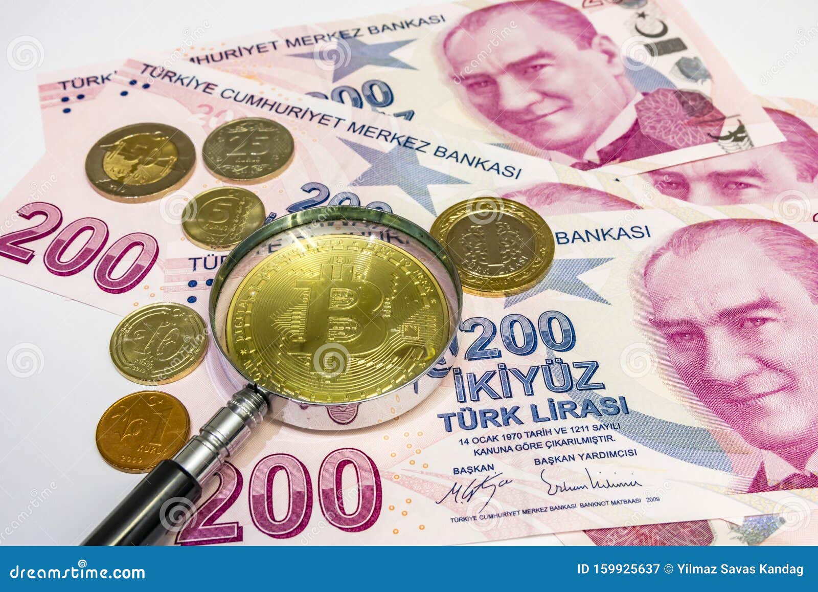 Two Hundred Turkish Liras With Bitcoin, Magnifying Glass ...