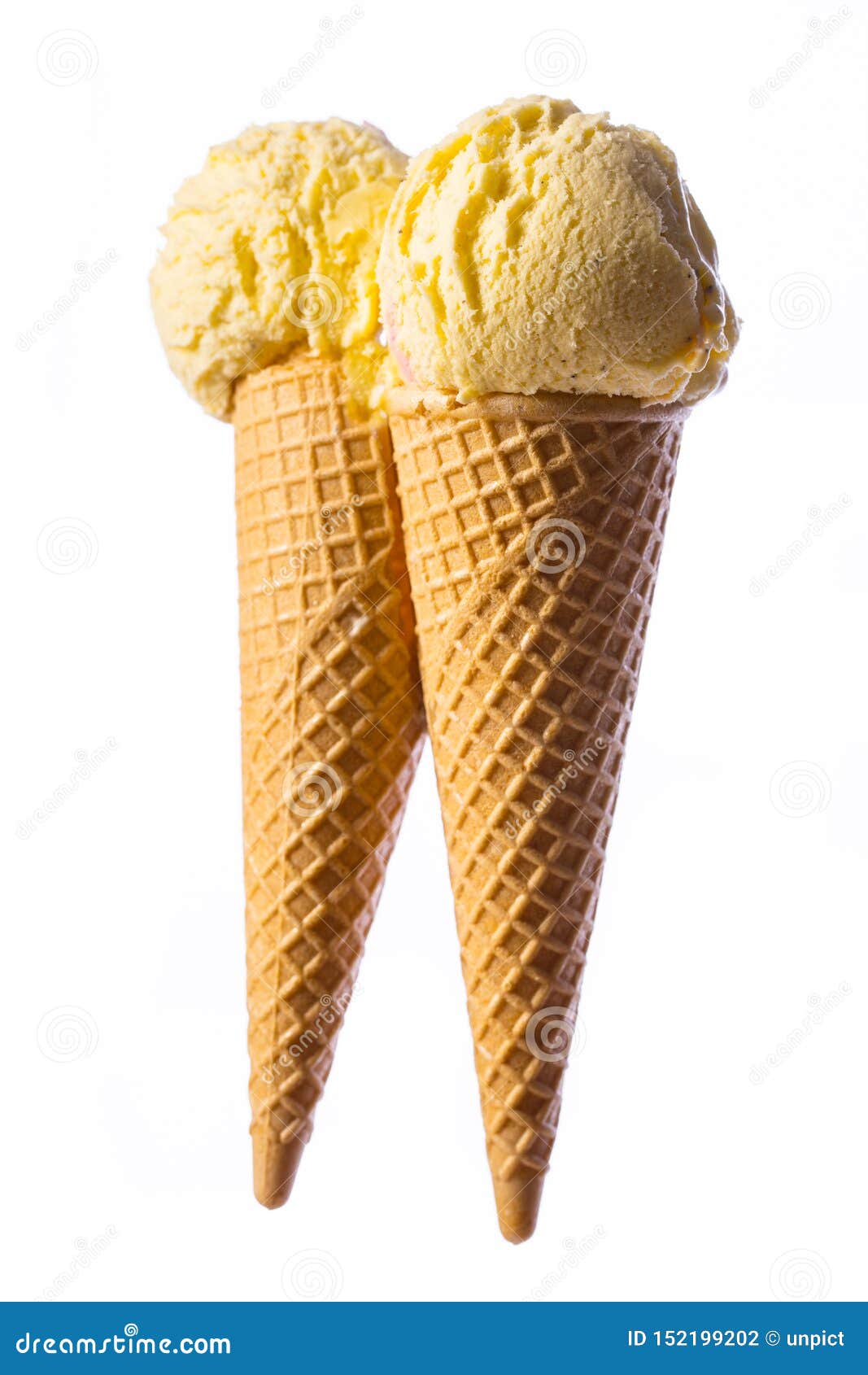 Two Ice Cream Cones with Vanilla Ice Cream Isolated on White Background