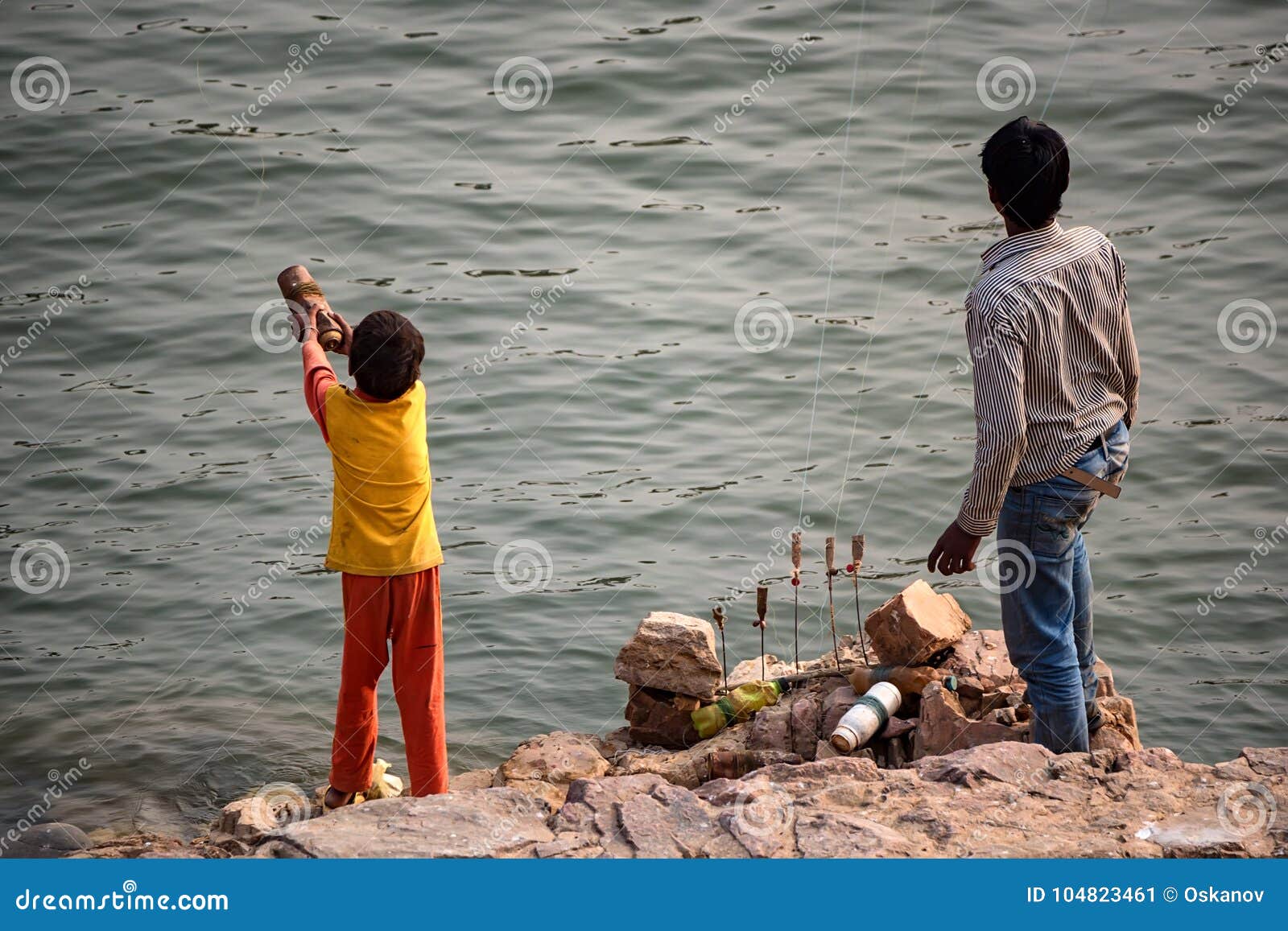 Two Indian Fishermen Fishing On River Bank Editorial Photo Image