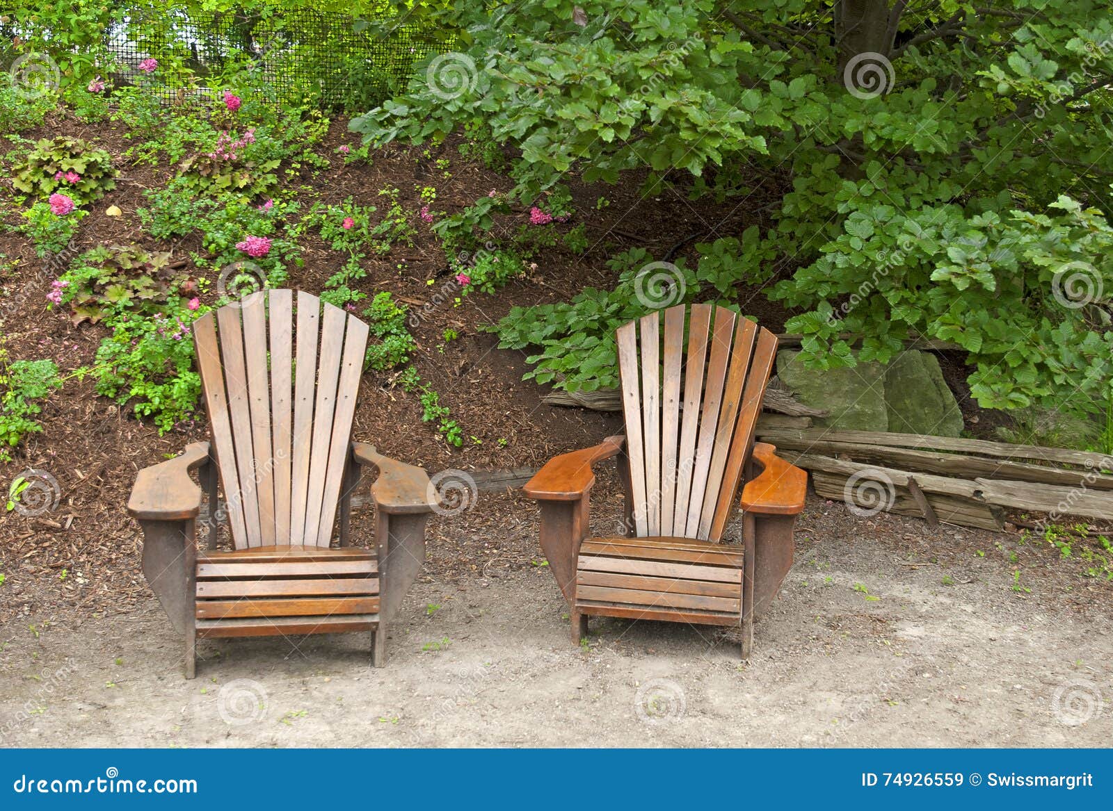 Two Inviting Wooden Lawn Chairs Stock Image Image Of Nature