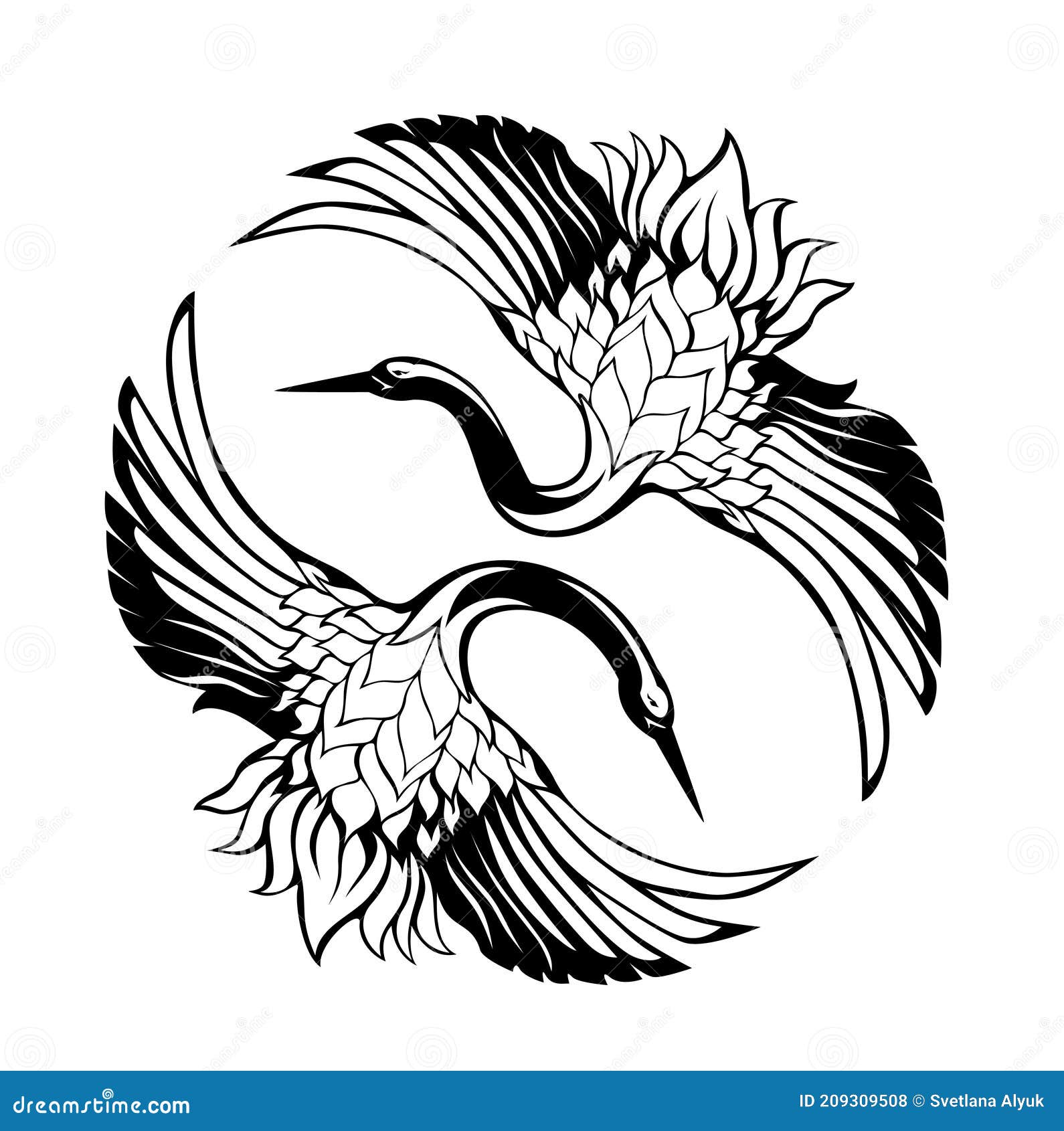 Two Japanese Crane Birds With Spread Wings Black And White Vector