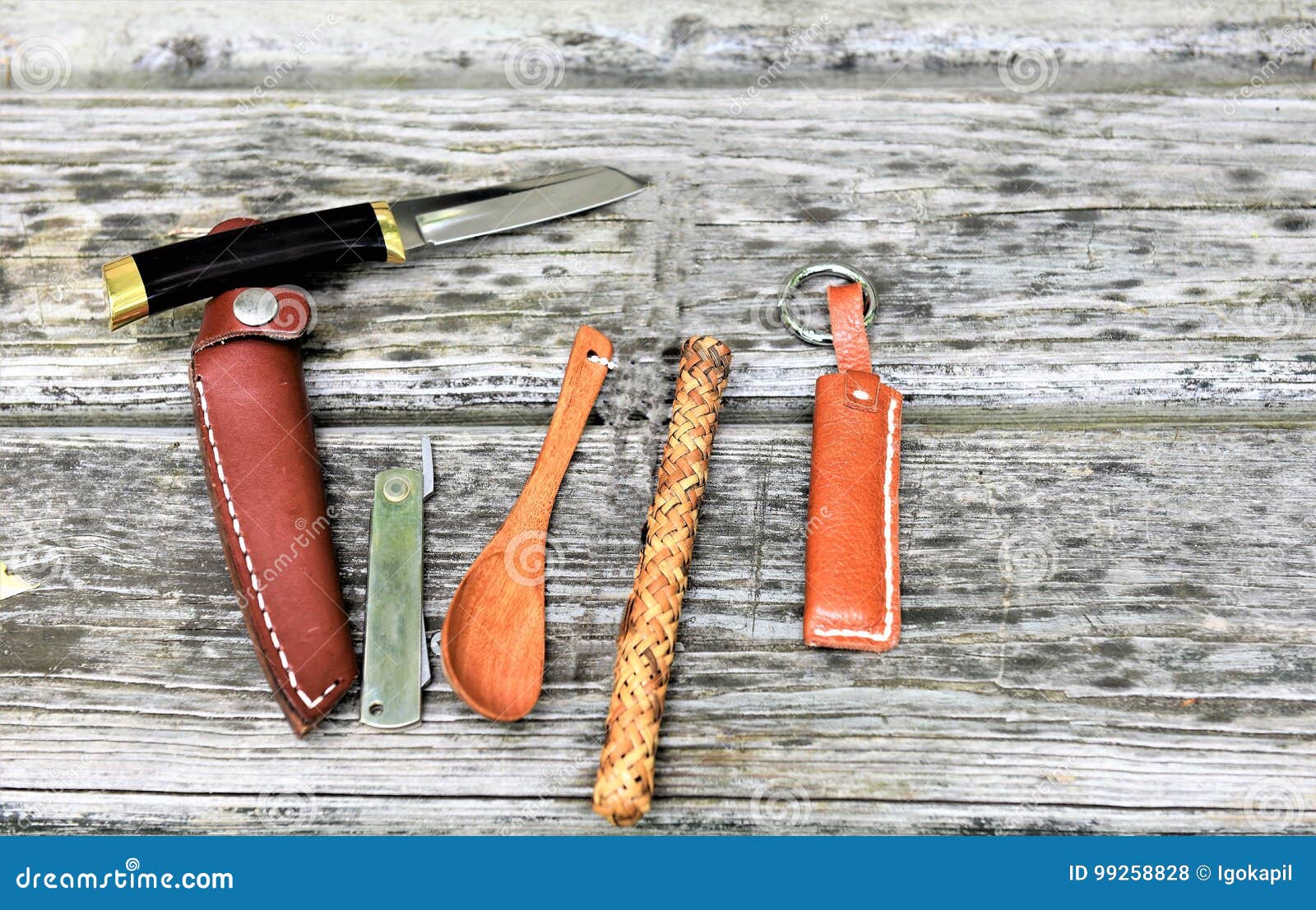 Two Japanese Knives Leather Cases Woodan Spoon Stock Photo Image of