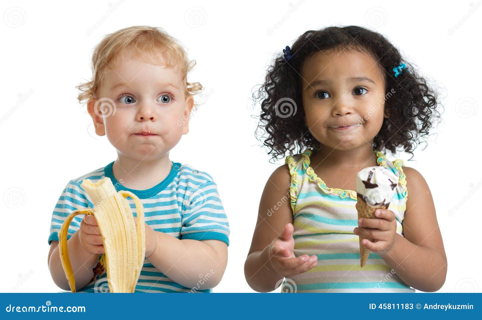 two kids boy and girl eading fruit and ice cream