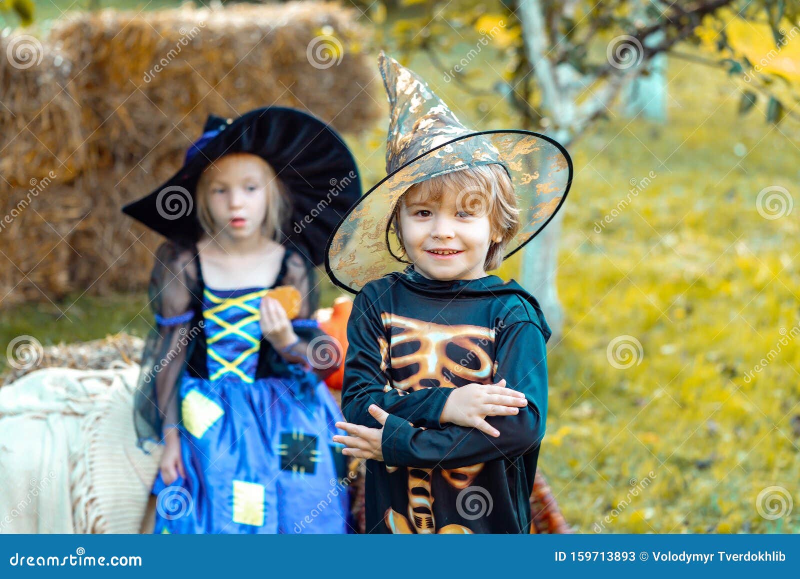 Two Kids Like Skeleton or Witch Ready for Trick or Treat. Surprised ...