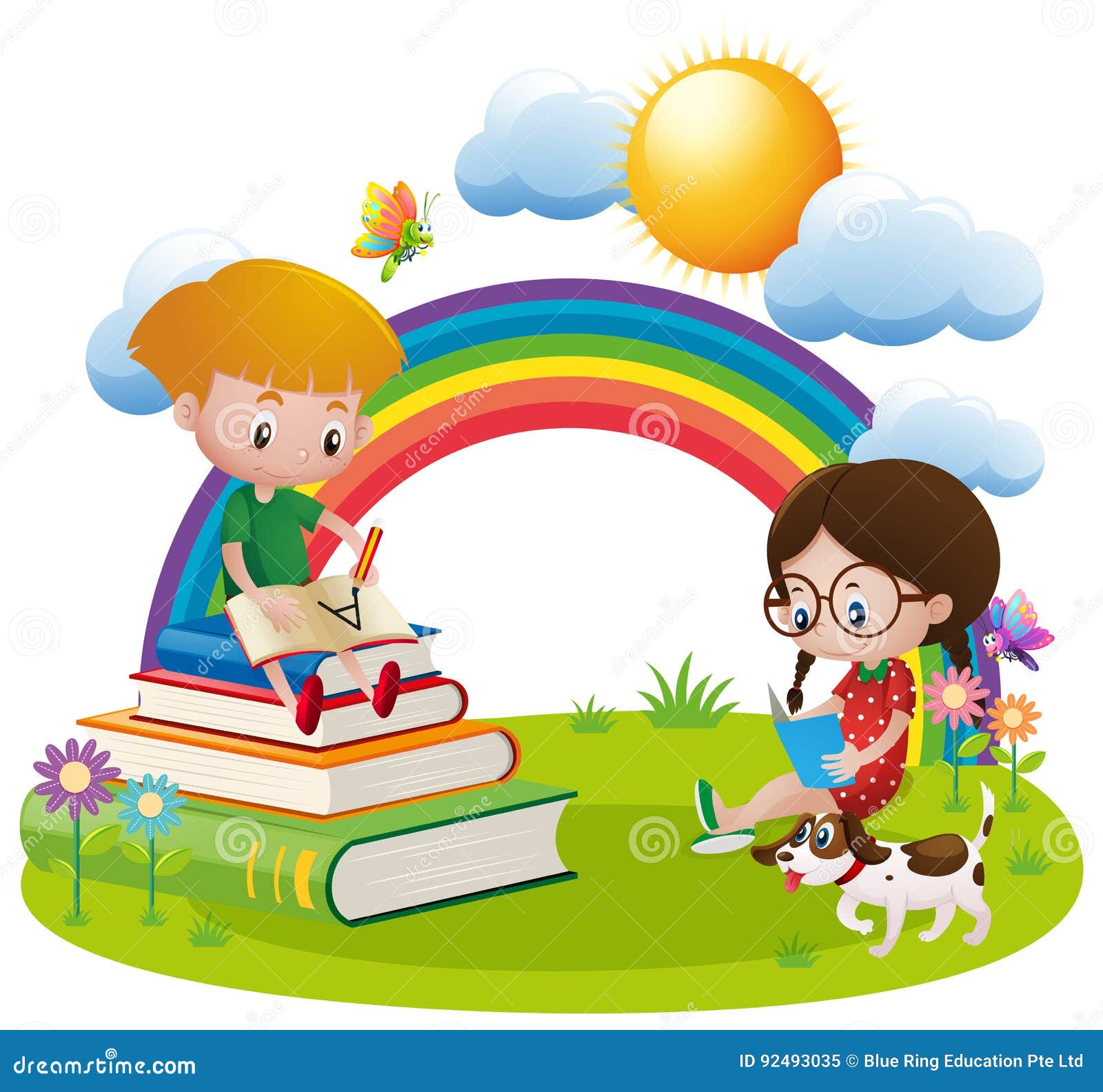 Two Kids Reading And Writing In Garden Stock Vector - Illustration ...