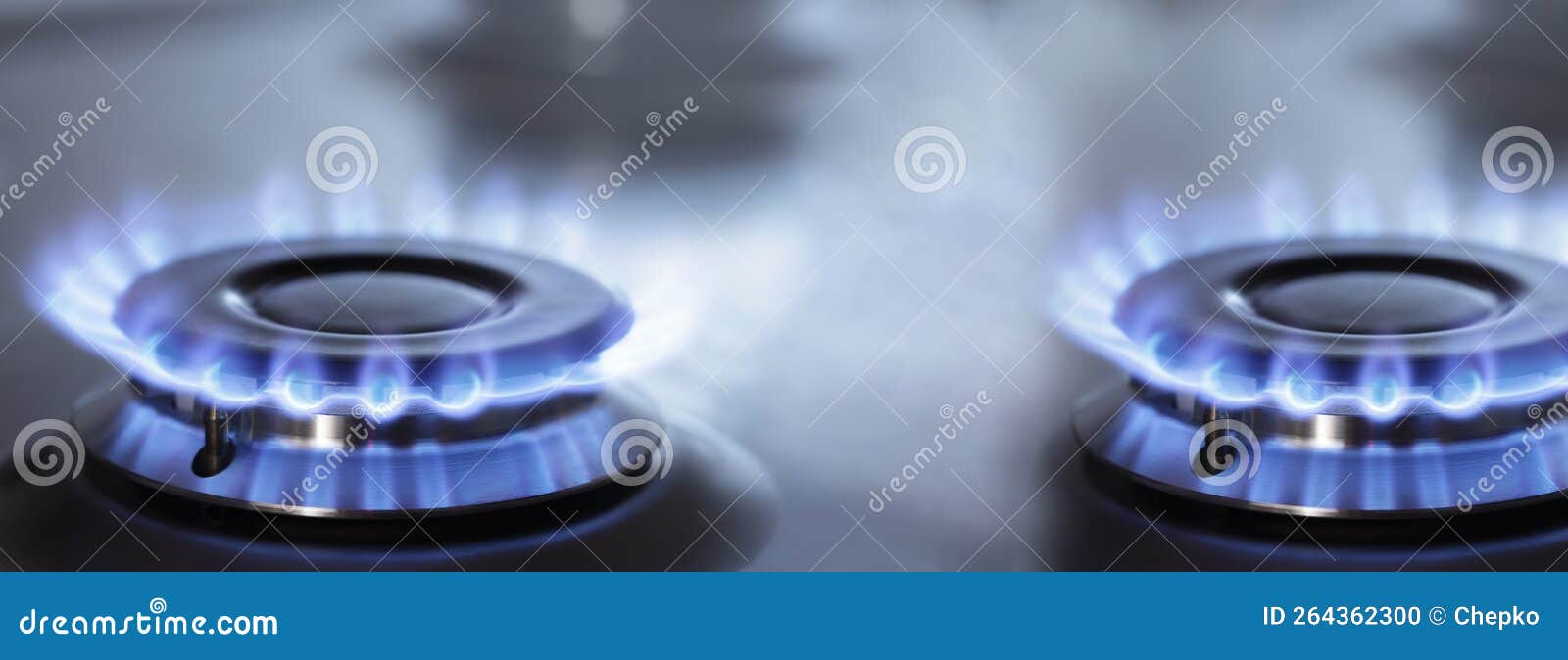 Two Kitchen Gas Cooker with Burning Fire Propane Gas Stock Photo