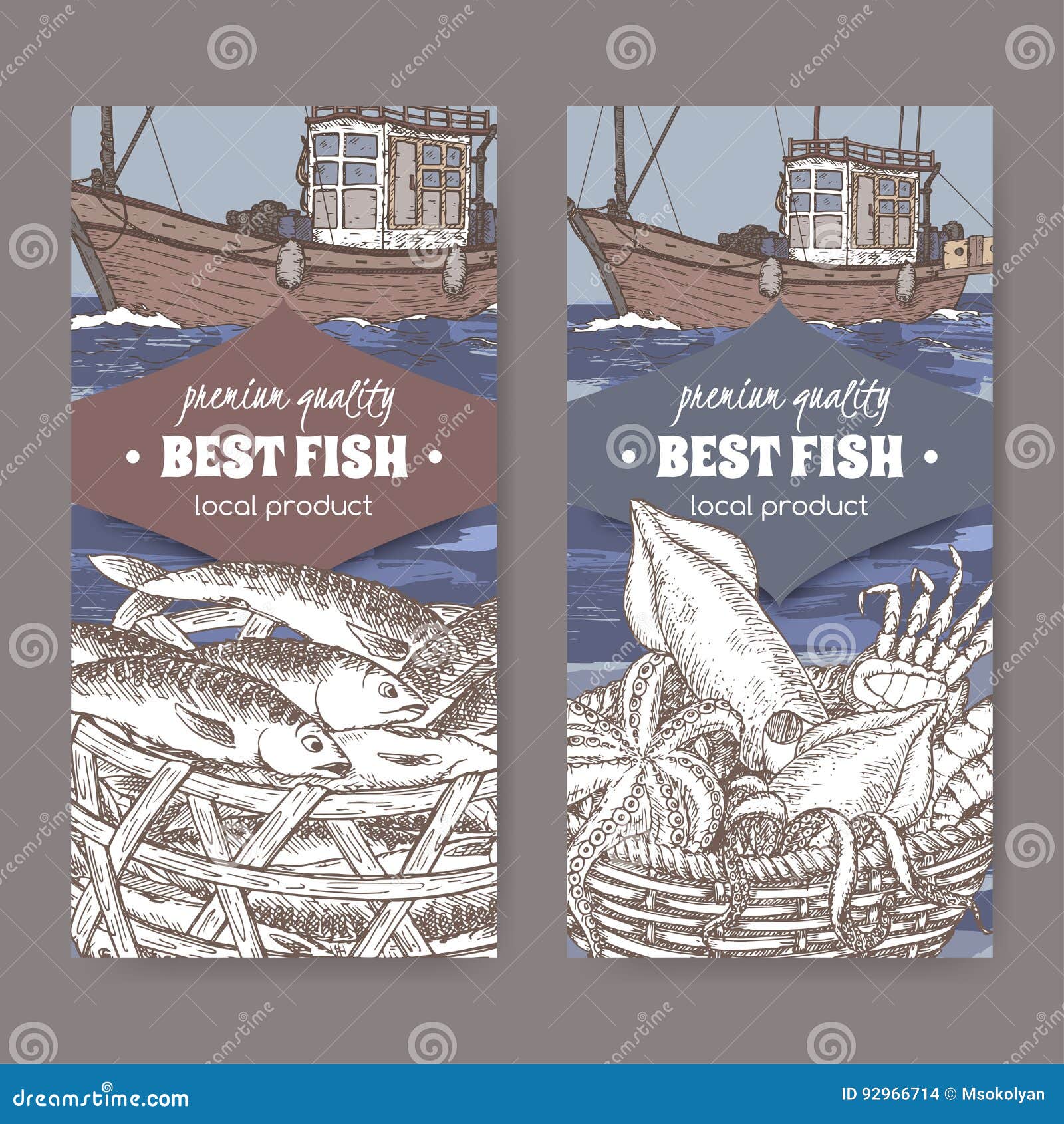 Two Labels with Color Old Fishing Boat, Fish and Seafood Basket. Stock  Vector - Illustration of food, background: 92966714