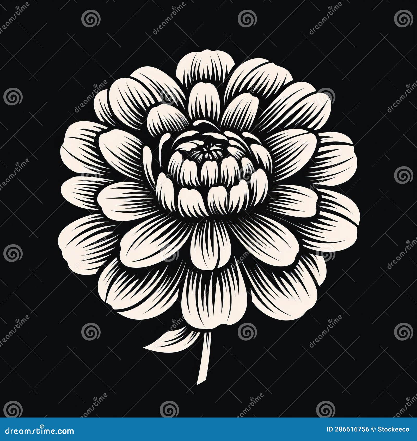 bold chiaroscuro woodcut: engraved dahlia flower in folk art-inspired style