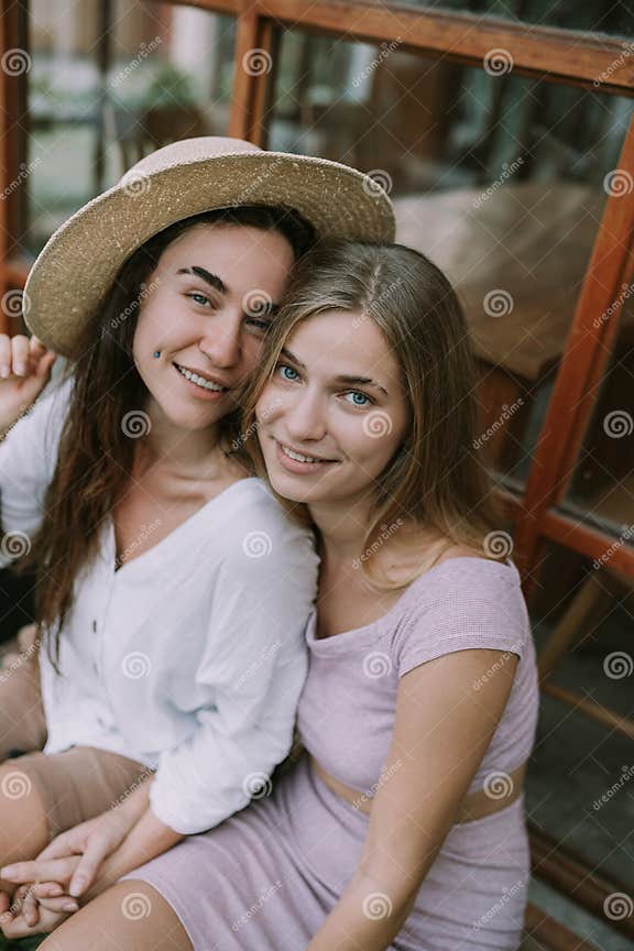 Two Lesbians Have A Date In Cafe Stock Image Image Of Laughing Summer 221412699 